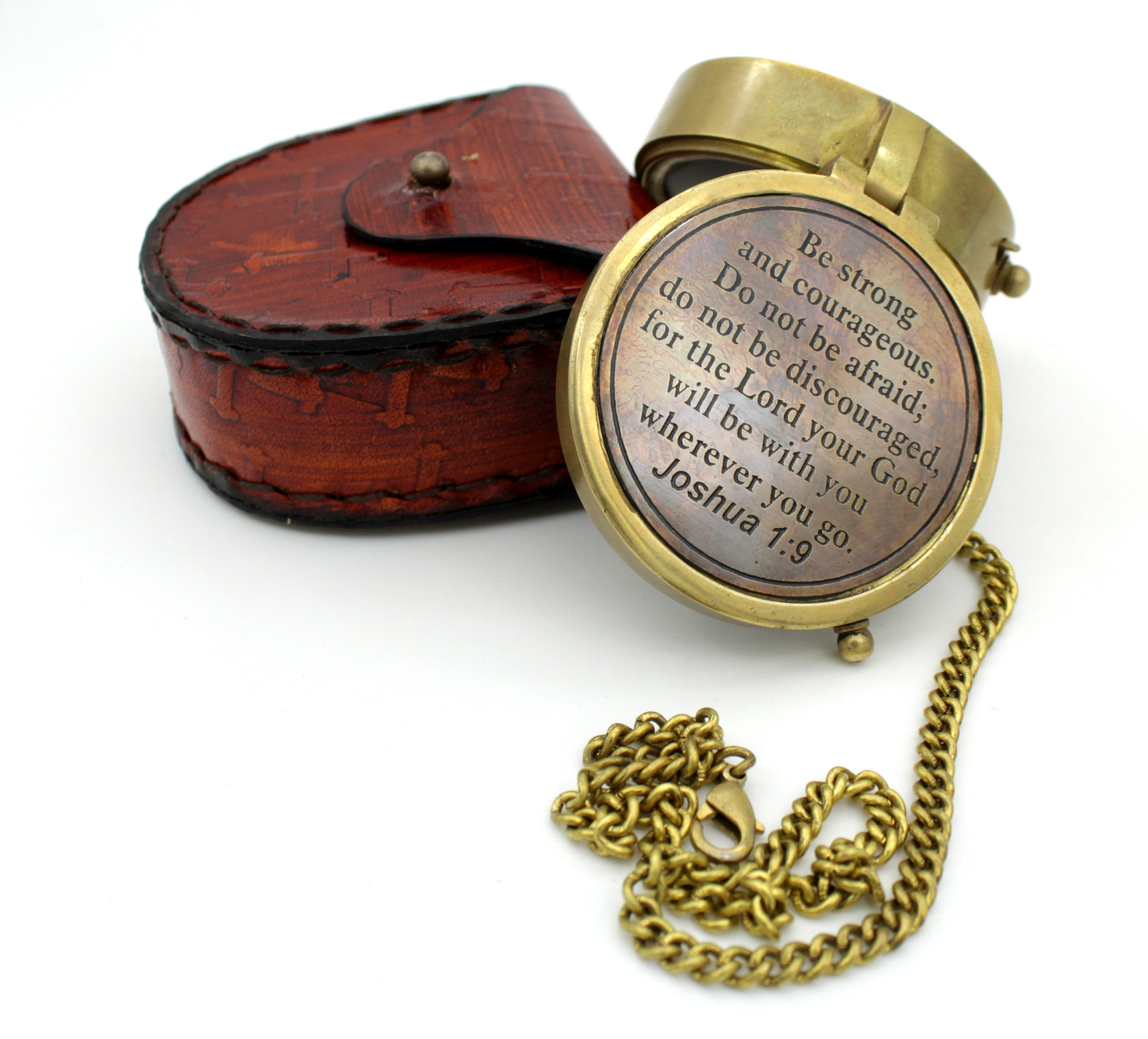 Brass Sundial Compass with Leather Display Case and Chain