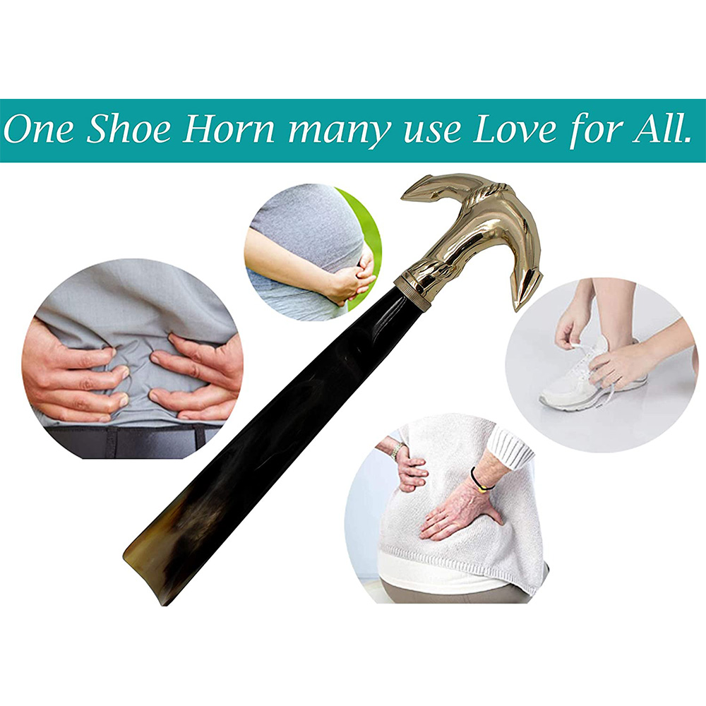 Shoe Horn Made with Real Horn Handmade. Easy Grip Long Brass anchor handle Shoehorn. (14”brass)