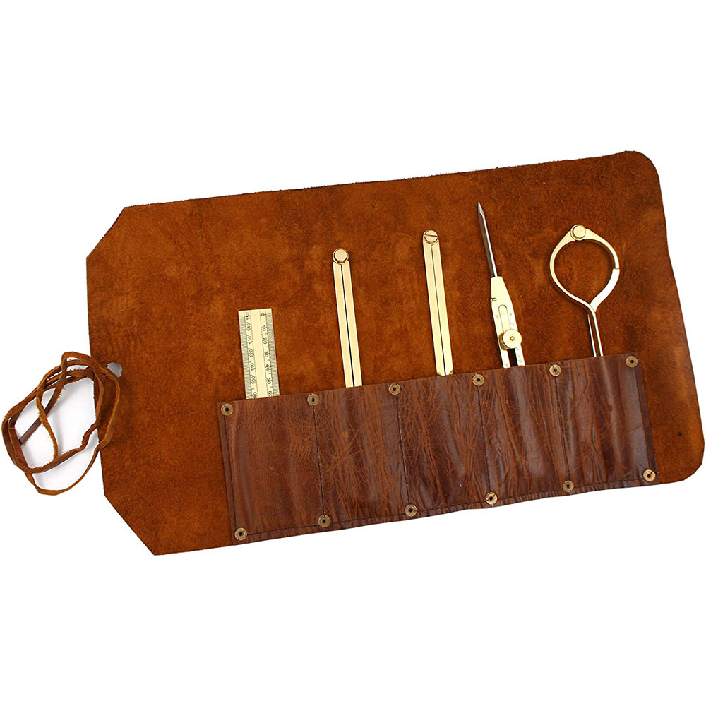 Proportional Divider Set of 5, Full Brass dividers with Executive Handmade Leather Roll Tools Bag, Single Handed 8″.