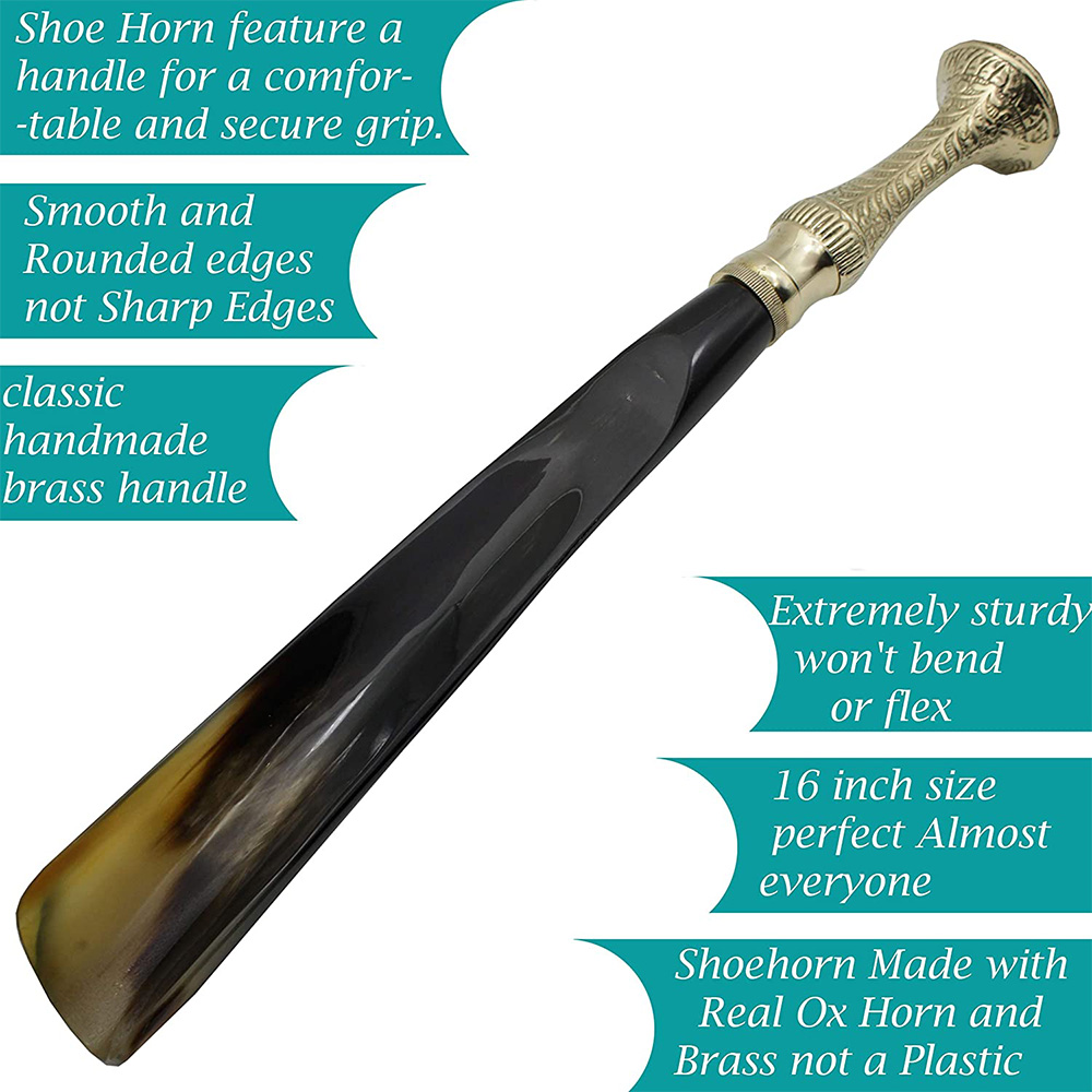 Shoe Horn Made with Real Horn Handmade.Home or Travel .(16”brass)