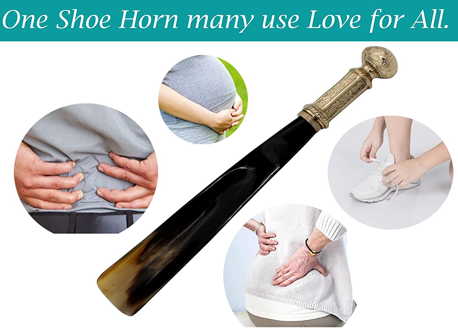 Shoe Horn Made with Real Horn Handmade. Easy Grip Long Brass handle (16”brass2)