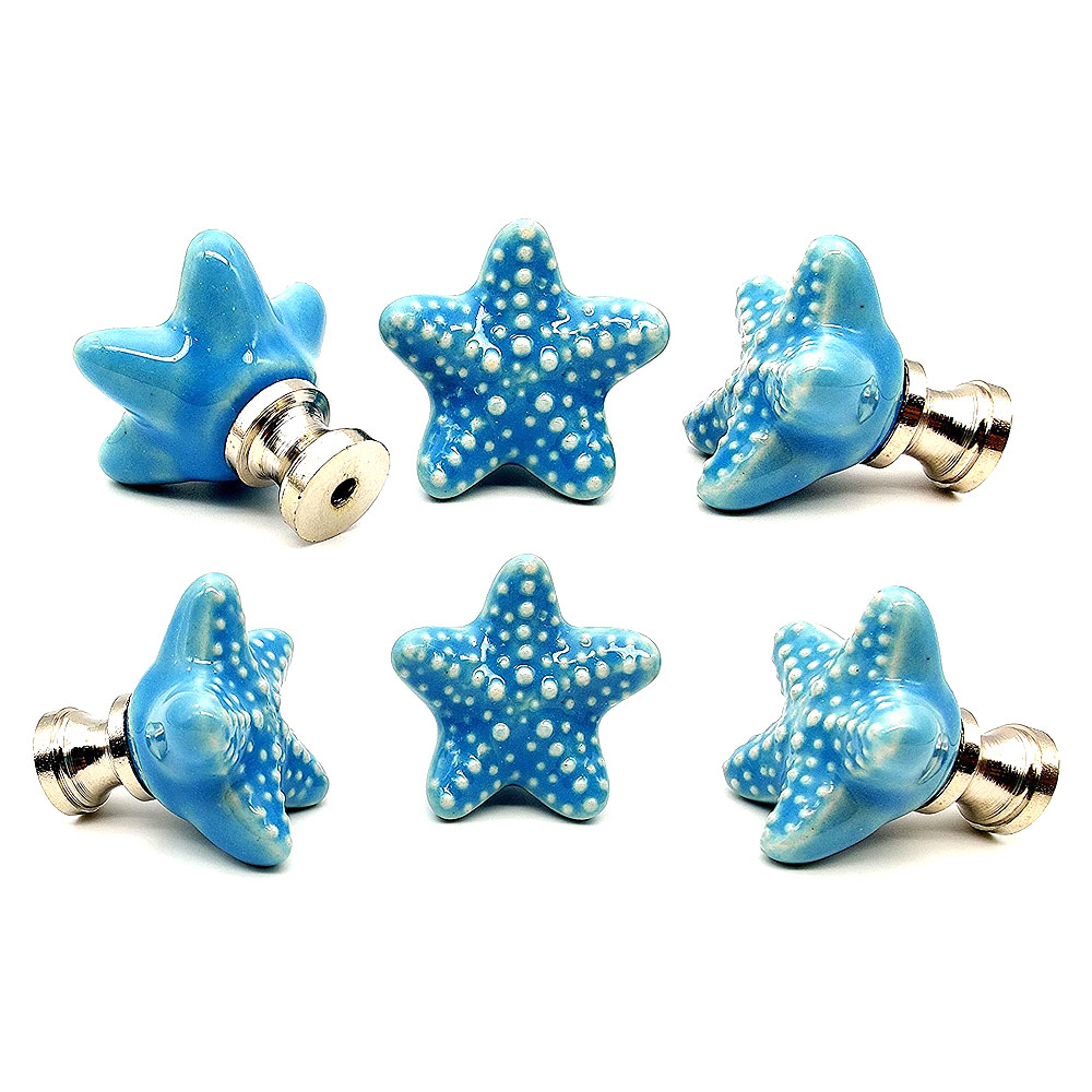 Ceramic Starfish Drawer Knobs pulls Beach/Ocean Hardware Decor Set of 6 (Aqua Blue)