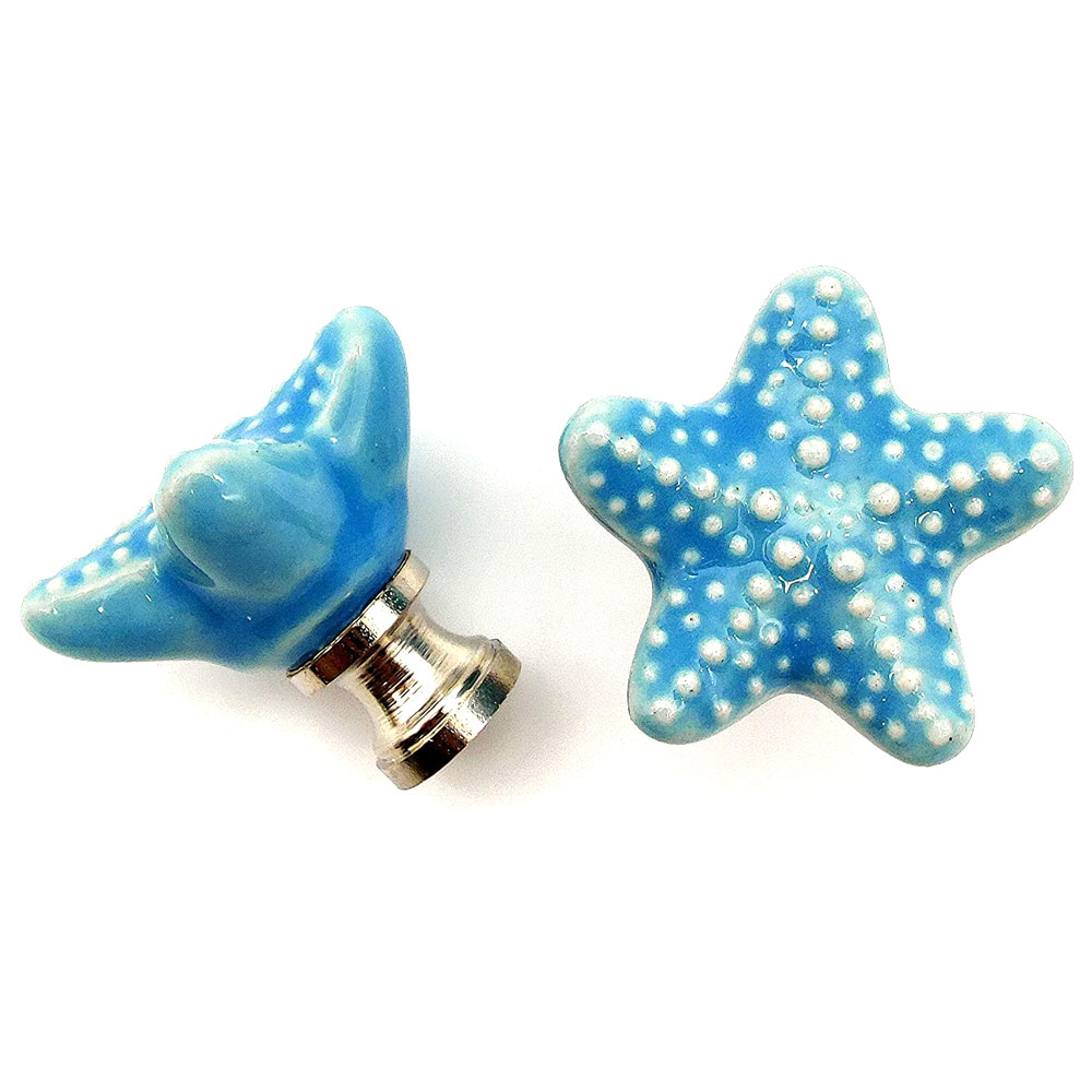 Ceramic Starfish Drawer Knobs pulls Beach/Ocean Hardware Decor Set of 6 (Aqua Blue)