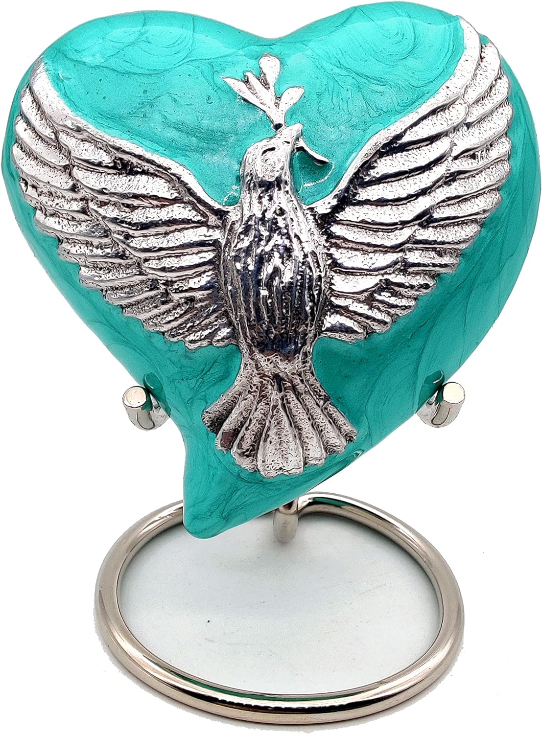 Heart Sea Green Keepsake Cremation Urn | Bird Engraved Heart-Shaped Urn for Human or Pet Ashes | Perfect for Adults & Infants | Brass Stand & Premium Box Included