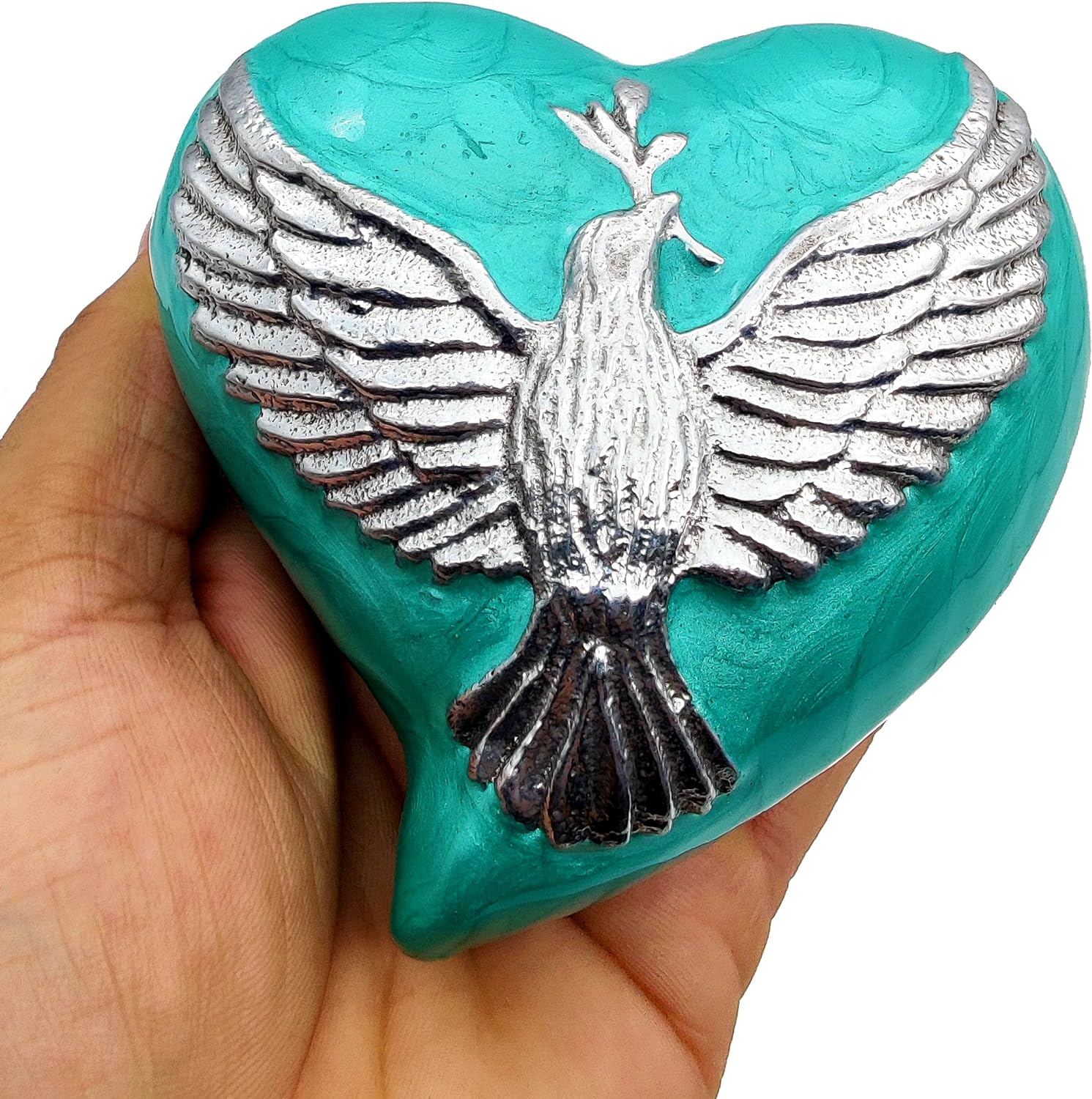 Heart Sea Green Keepsake Cremation Urn | Bird Engraved Heart-Shaped Urn for Human or Pet Ashes | Perfect for Adults & Infants | Brass Stand & Premium Box Included