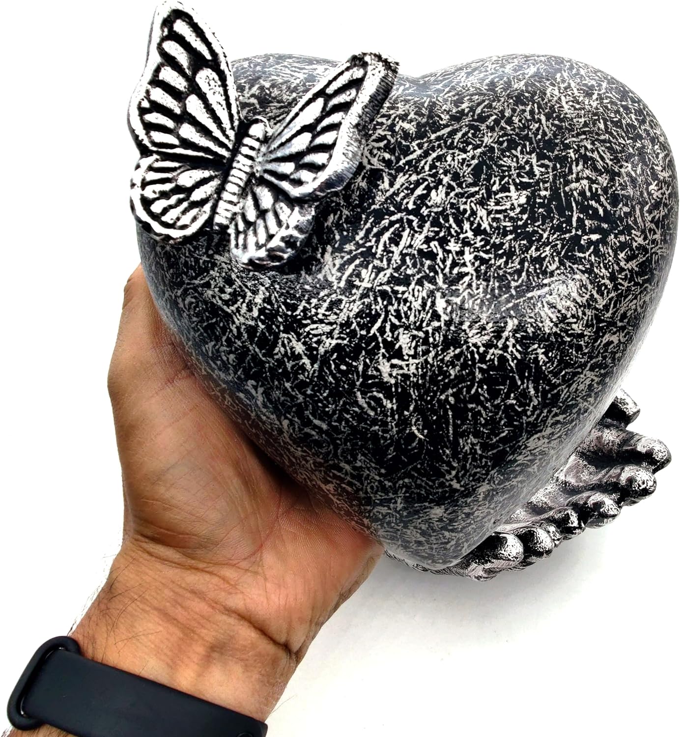 Butterfly Heart Cremation Urn – Memorial Ashes Keepsake for Women and Men, Hand Painted with Butterflies, Hand-Shaped Stand