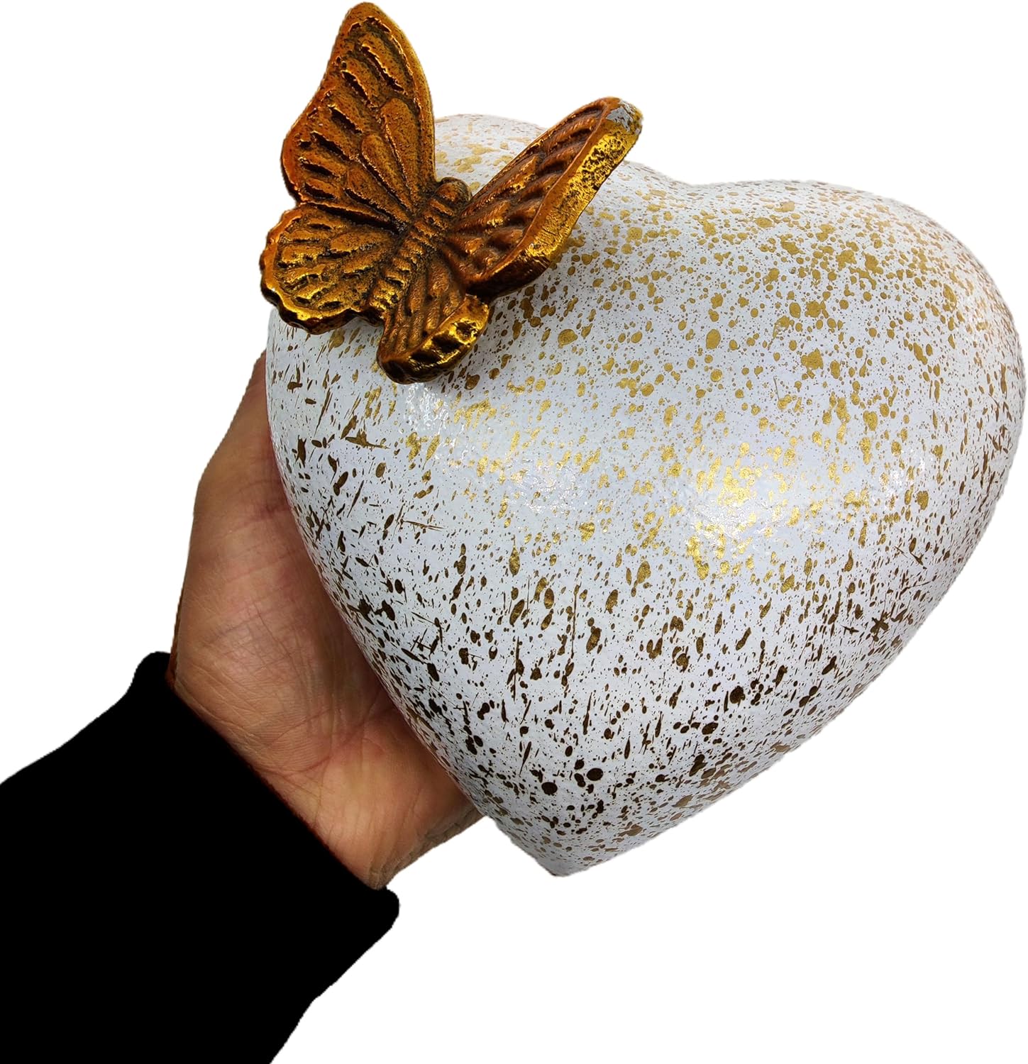 Butterfly Heart Urn for Ashes – Hand Painted White Gold – Unique Memorial Keepsake