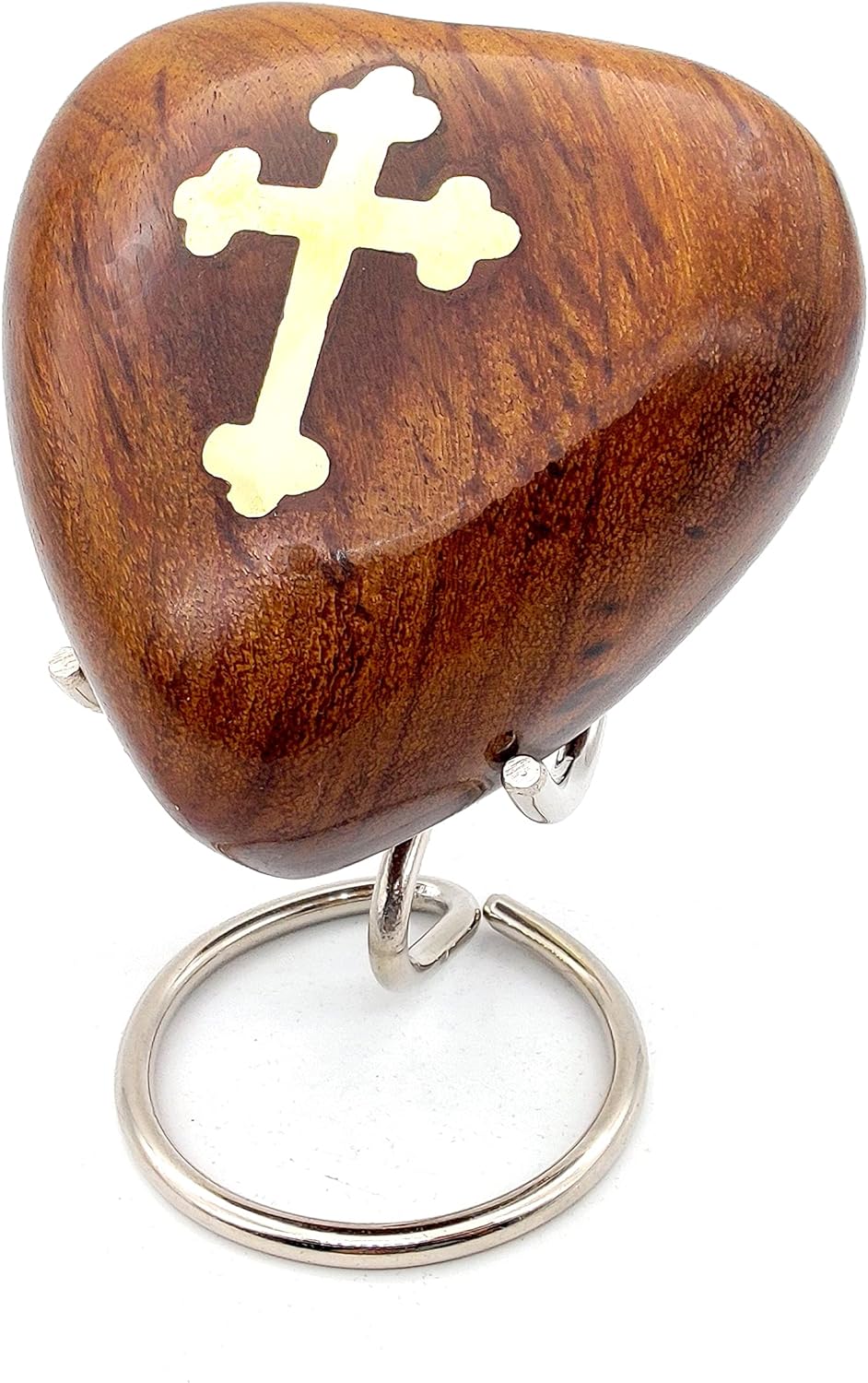 Wooden Heart Keepsake Urn with Cross Inlay | Mini Ash Urn for Ashes | Handcrafted Cremation Urn – Tribute to Your Loved One with Premium Box and Display Stand