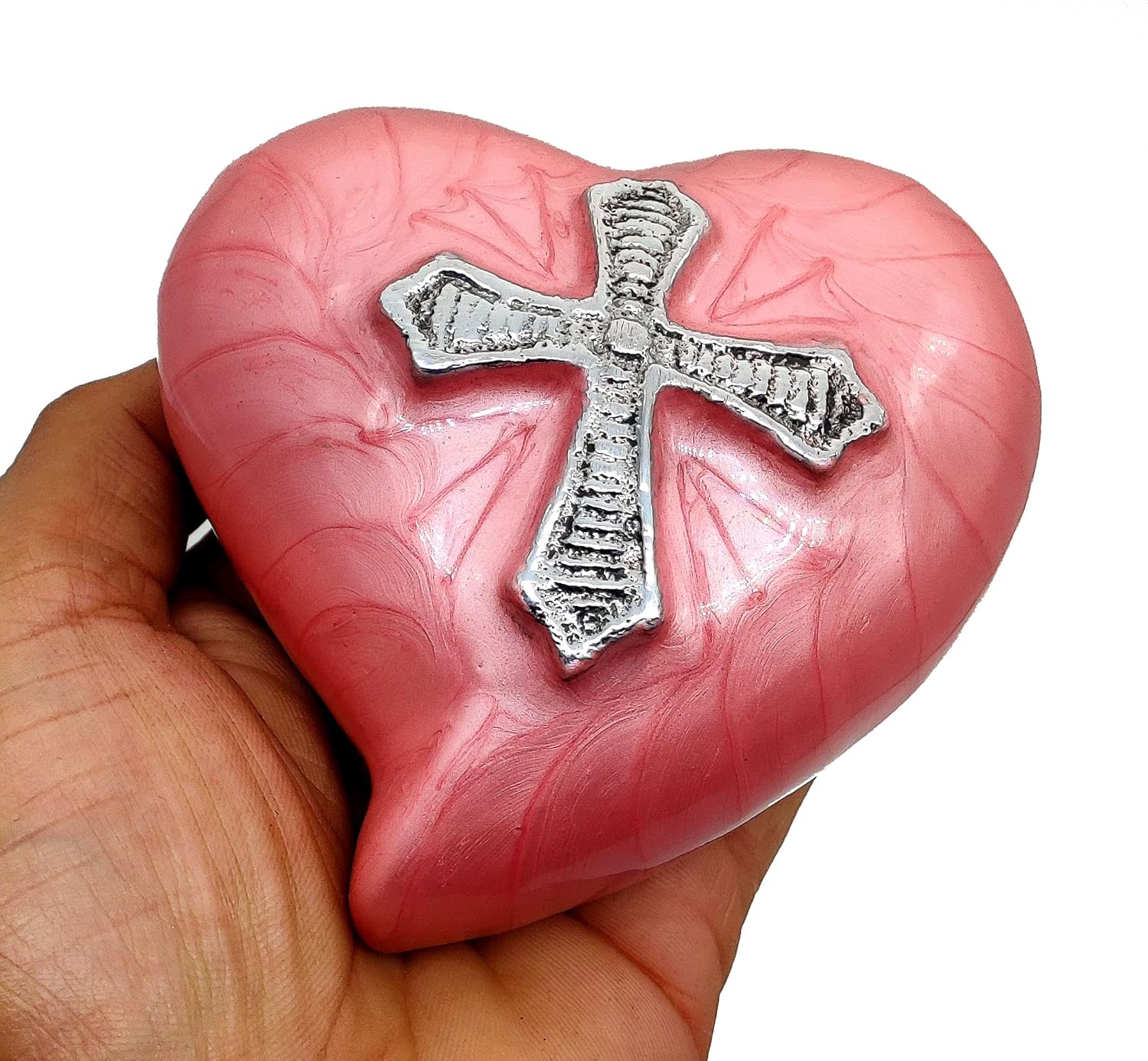 Heart-Shaped Religious Cross Cremation Urn for Adult Human Ashes | Decorative Funeral Keepsake Urn with Stand & Gift Box