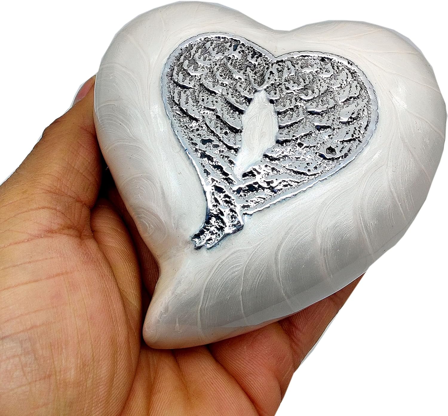 Heart-Shaped White Cremation Urn | Decorative Angel Wings Design | Handcrafted Keepsake | Stand & Gift Box Included (White Wing)