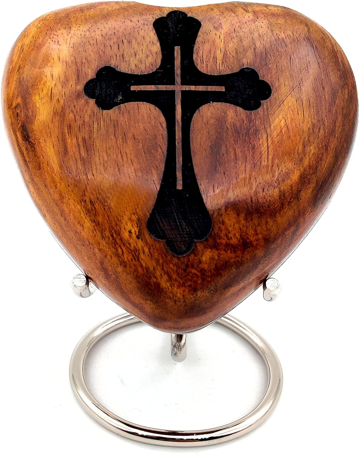 Wooden Heart-Shaped Keepsake Cremation Urn for Human or Pet Ashes | Handcrafted | Perfect for Adults & Infants | Brass Stand Included | Cross Engraving