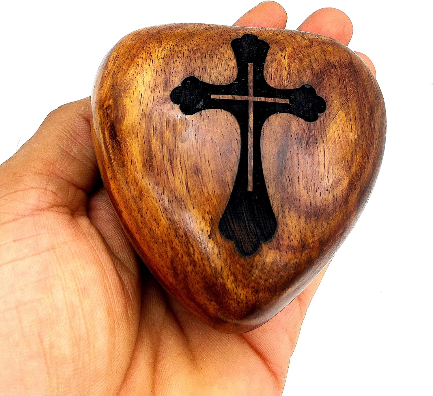 Wooden Heart-Shaped Keepsake Cremation Urn for Human or Pet Ashes | Handcrafted | Perfect for Adults & Infants | Brass Stand Included | Cross Engraving