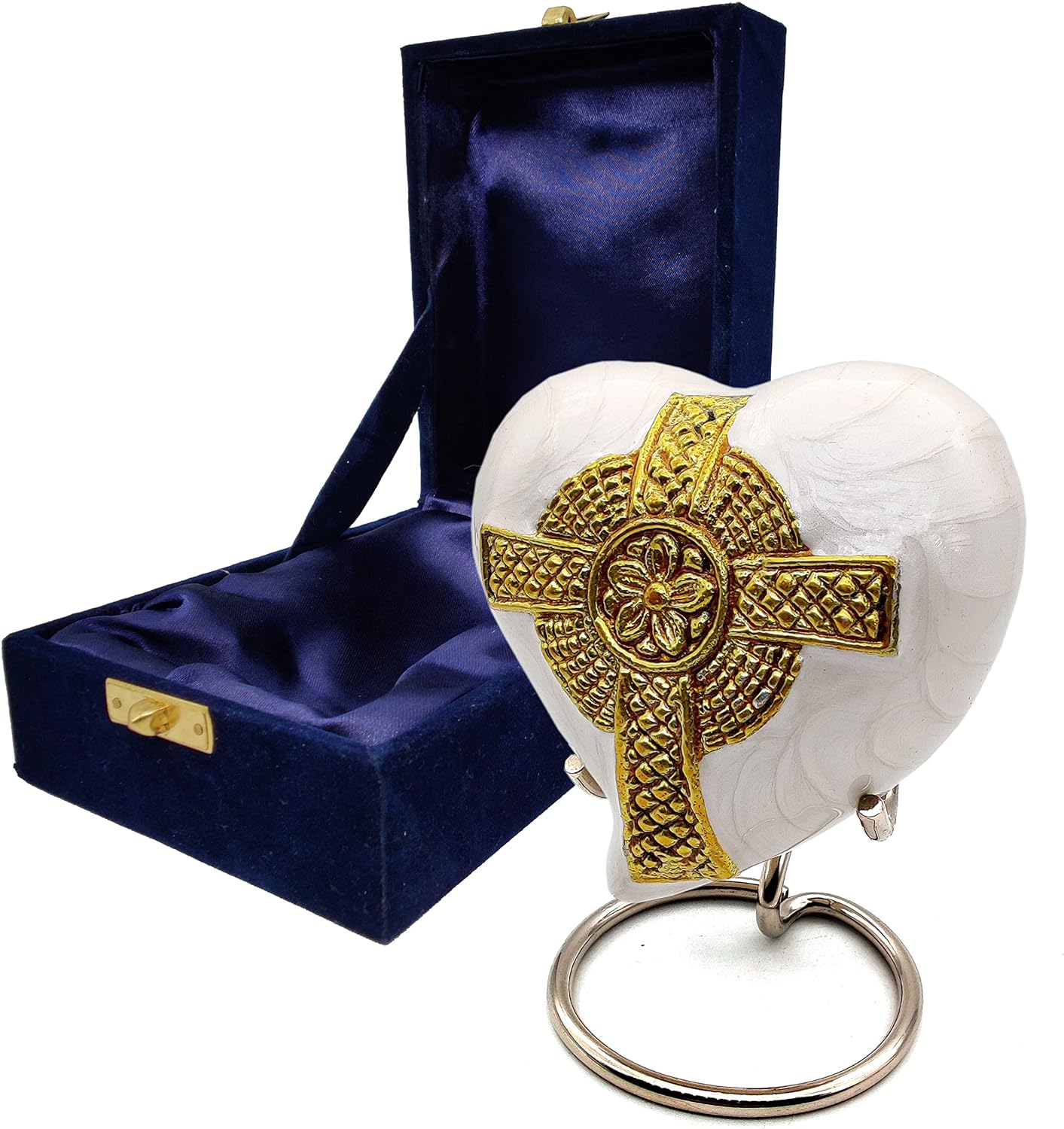 Jesus Cross Heart Keepsake Urn | Mini Ash Cremation Small Urn for Adults & Infants | Free Velvet Box & Display Stand (White & Gold)