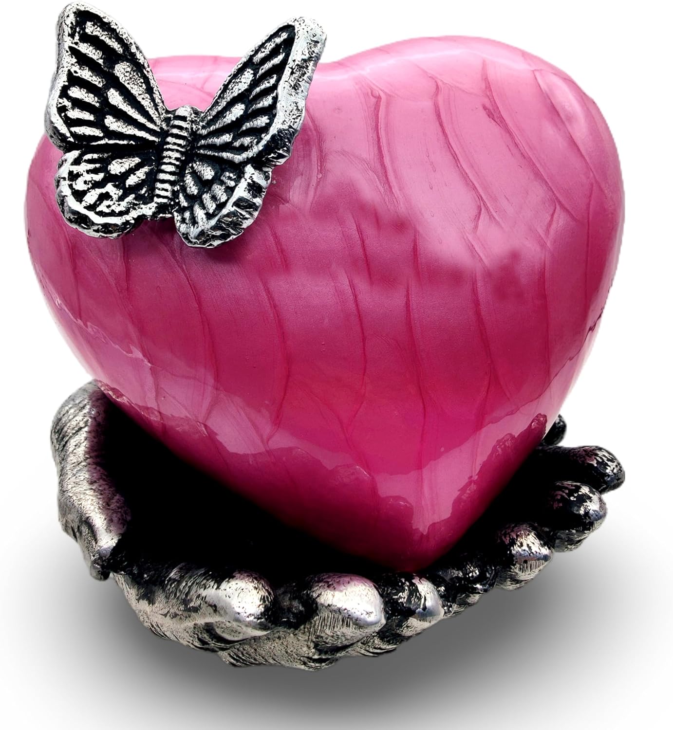 Pink Butterfly Heart Cremation Urn with Hand-Shaped Stand – Memorial Ashes Keepsake for Women and Men