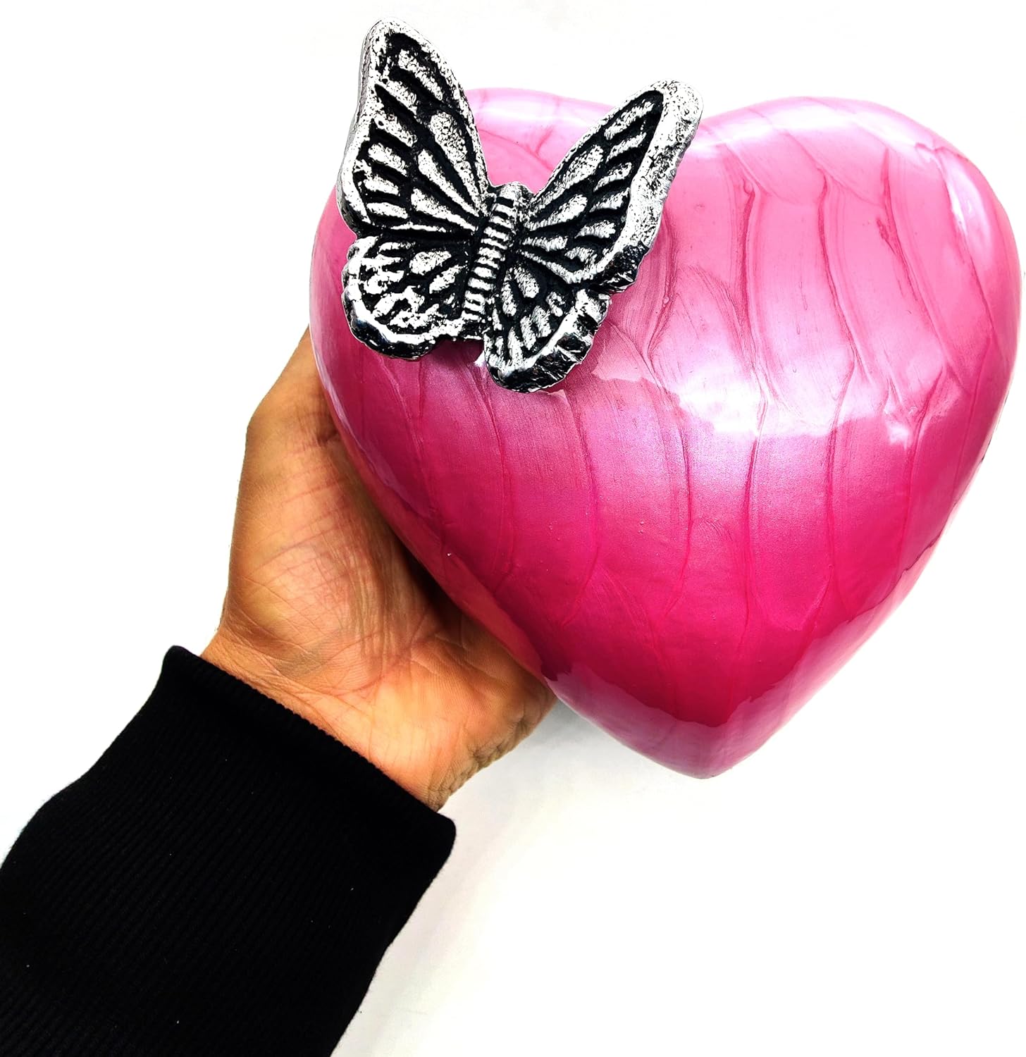 Pink Butterfly Heart Cremation Urn with Hand-Shaped Stand – Memorial Ashes Keepsake for Women and Men