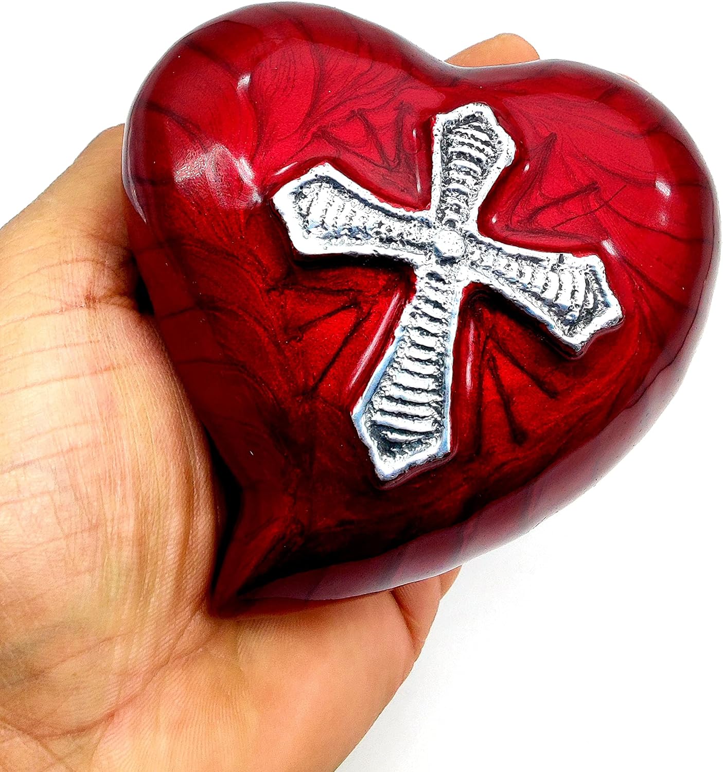 Heart Urn for Human Ashes | Red Religious Cross Cremation Urn | Mini Urn with Box & Stand | Heart-Shaped Memorial Keepsake | Honor Your Loved One