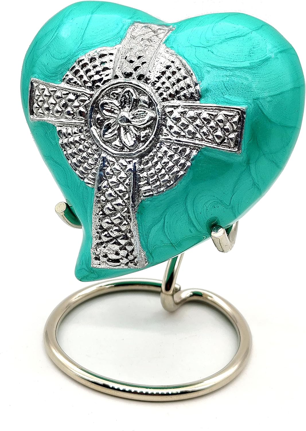 Jesus Cross Heart Keepsake Urn | Mini Ash Cremation Urn | Free Velvet Box & Stand (Sea Green)