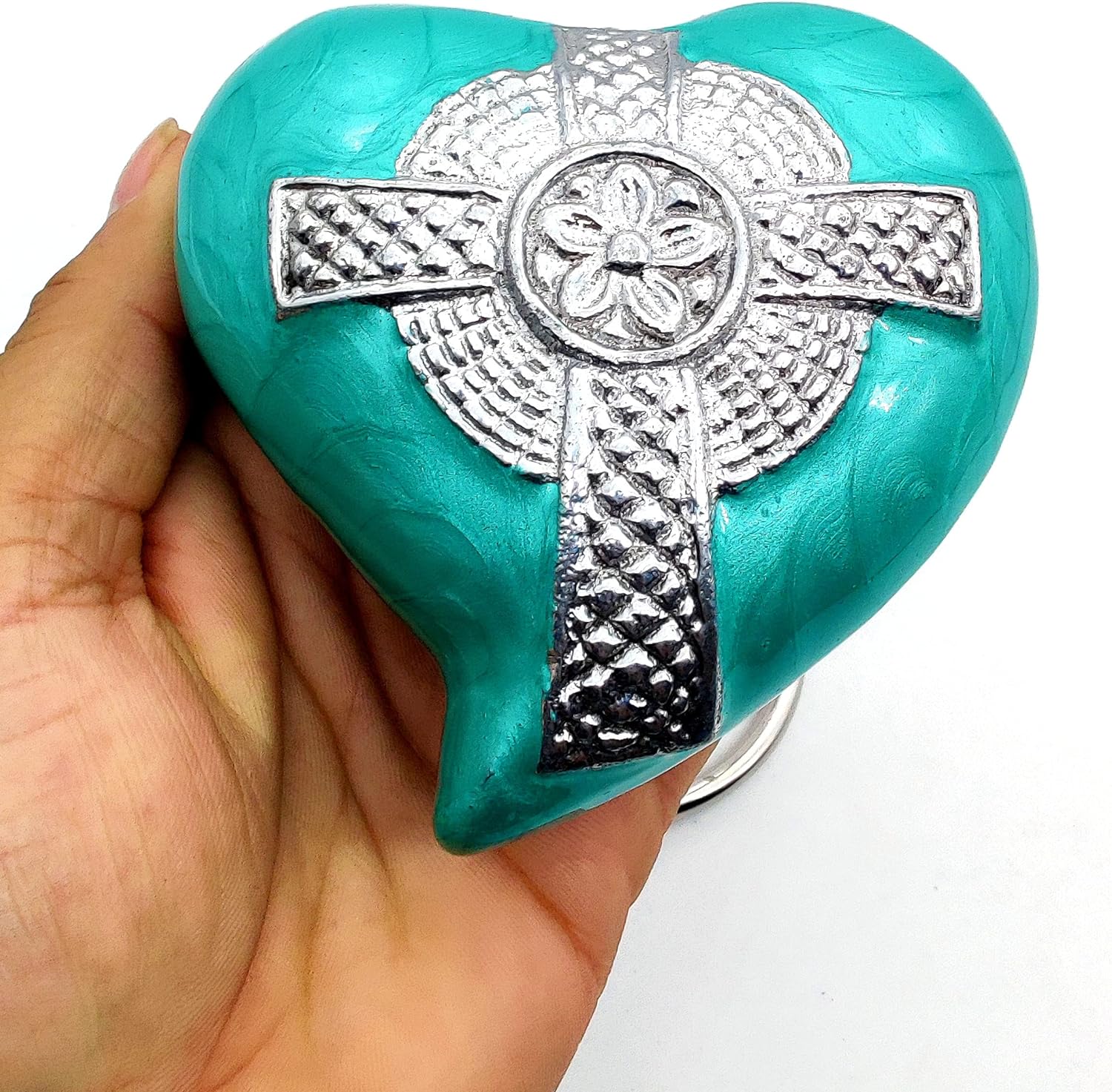 Jesus Cross Heart Keepsake Urn | Mini Ash Cremation Urn | Free Velvet Box & Stand (Sea Green)