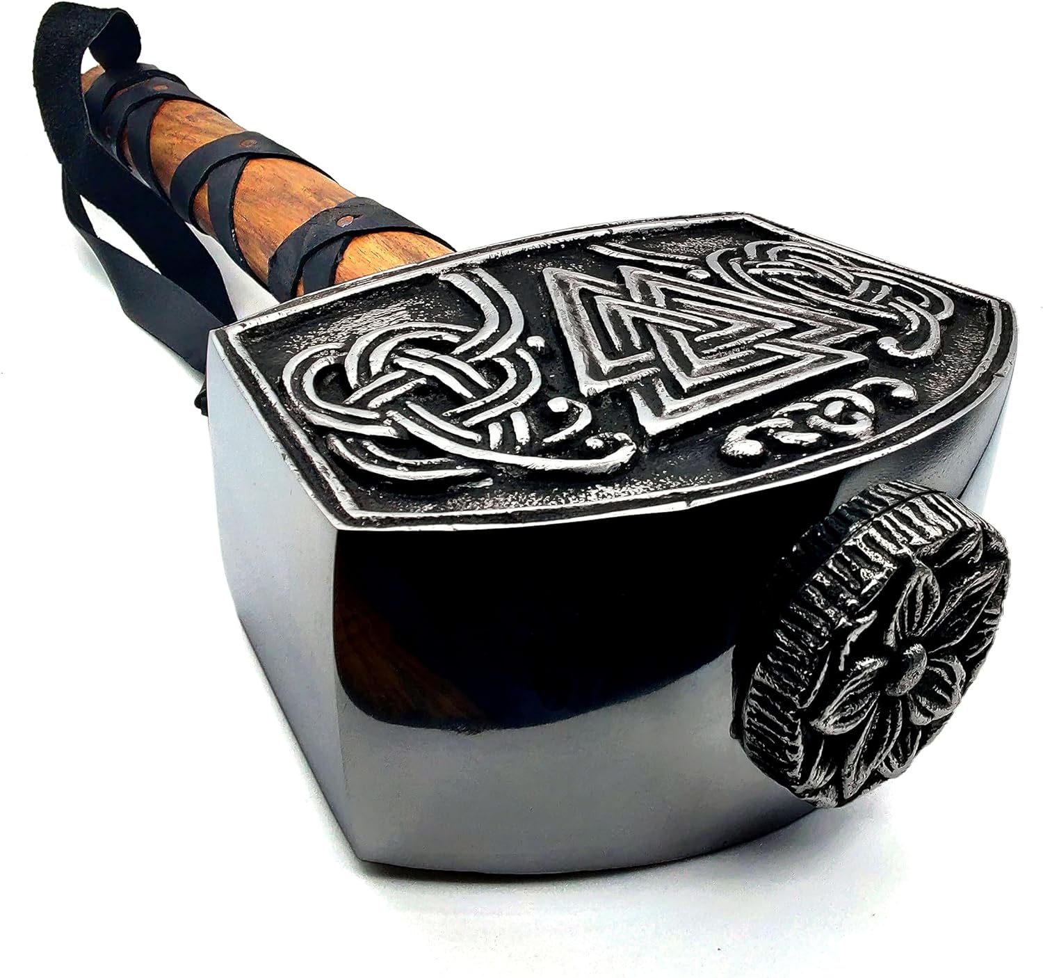 Thor Hammer Metal with Handmade Odin Engraving – Full Size 15-Inch Adult Collectible – Full Grain Leather Wrap – Gift Box Included