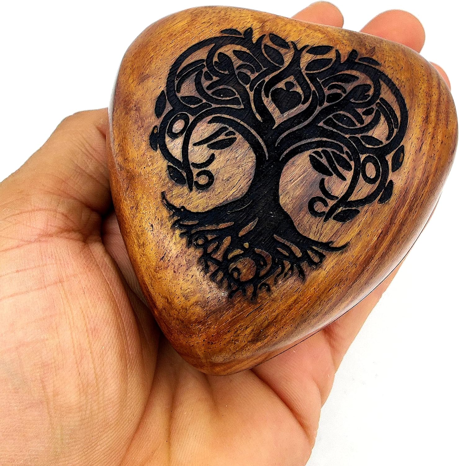 Heart-Shaped Wooden Tree of Life Engraved Keepsake Cremation Urn for Human or Pet Ashes | Handcrafted | Perfect for Adults & Infants | Brass Stand Included