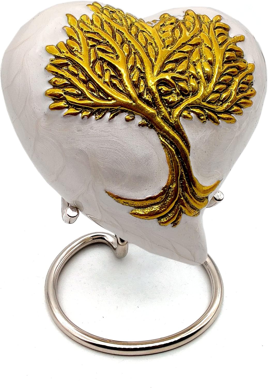 Tree of Life Heart Keepsake Urn | Mini Ash Cremation Small Urn for Adults & Infants | Free Velvet Box & Display Stand (White & Gold)