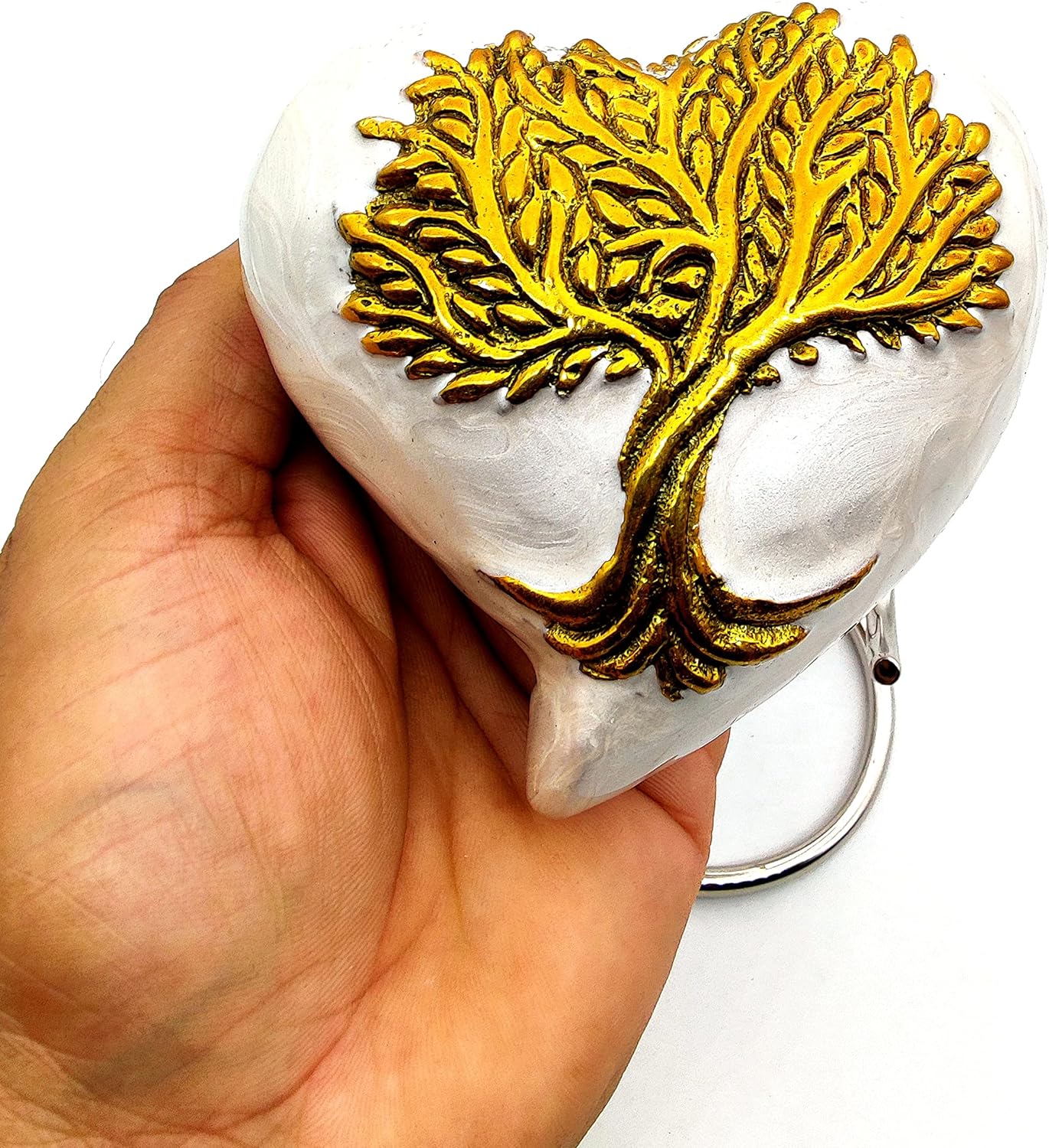 Tree of Life Heart Keepsake Urn | Mini Ash Cremation Small Urn for Adults & Infants | Free Velvet Box & Display Stand (White & Gold)