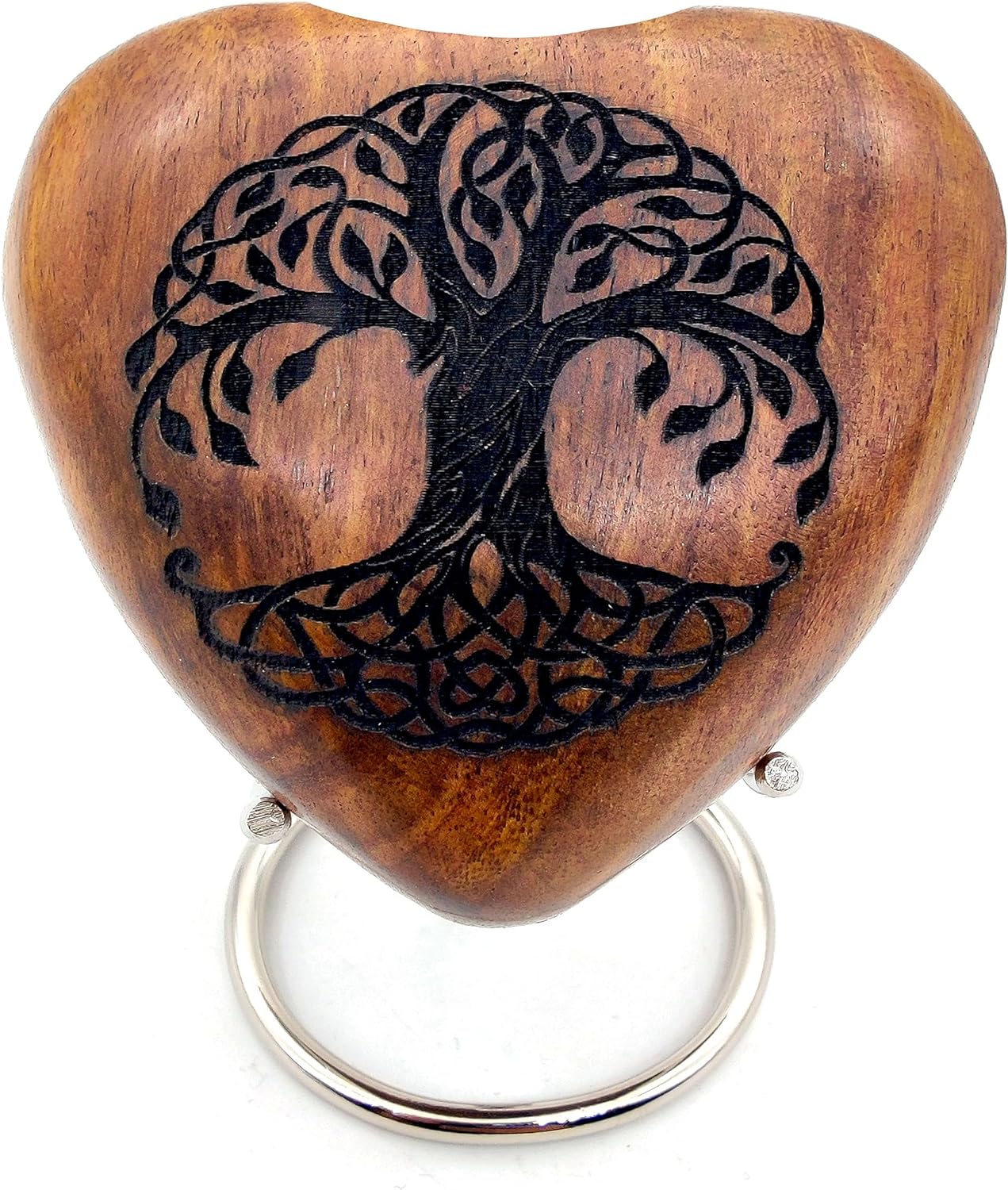 Tree of Life Wooden Heart Urn | Handcrafted Keepsake for Human or Pet Ashes | Heart Shaped | Perfect for Adults & Infants | Brass Stand Included