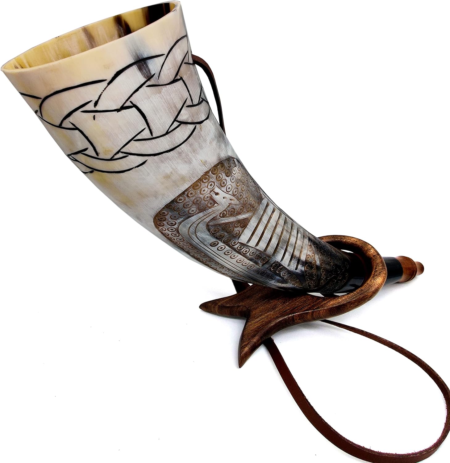 Viking War Horn – 16″ Genuine Ox-Horn Battle Trumpet – Premium Hand Engraved Boat Horn – Norse Cattle Ancient Horn Bugle – Hunting Tool with Wooden Stand