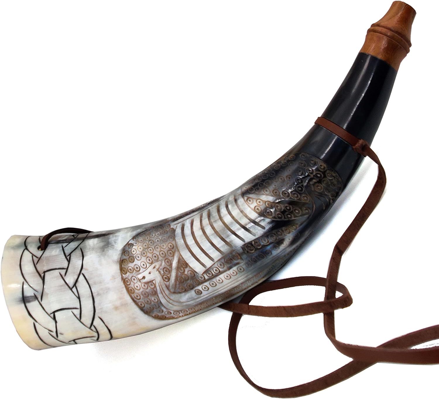 Viking War Horn – 16″ Genuine Ox-Horn Battle Trumpet – Premium Hand Engraved Boat Horn – Norse Cattle Ancient Horn Bugle – Hunting Tool with Wooden Stand