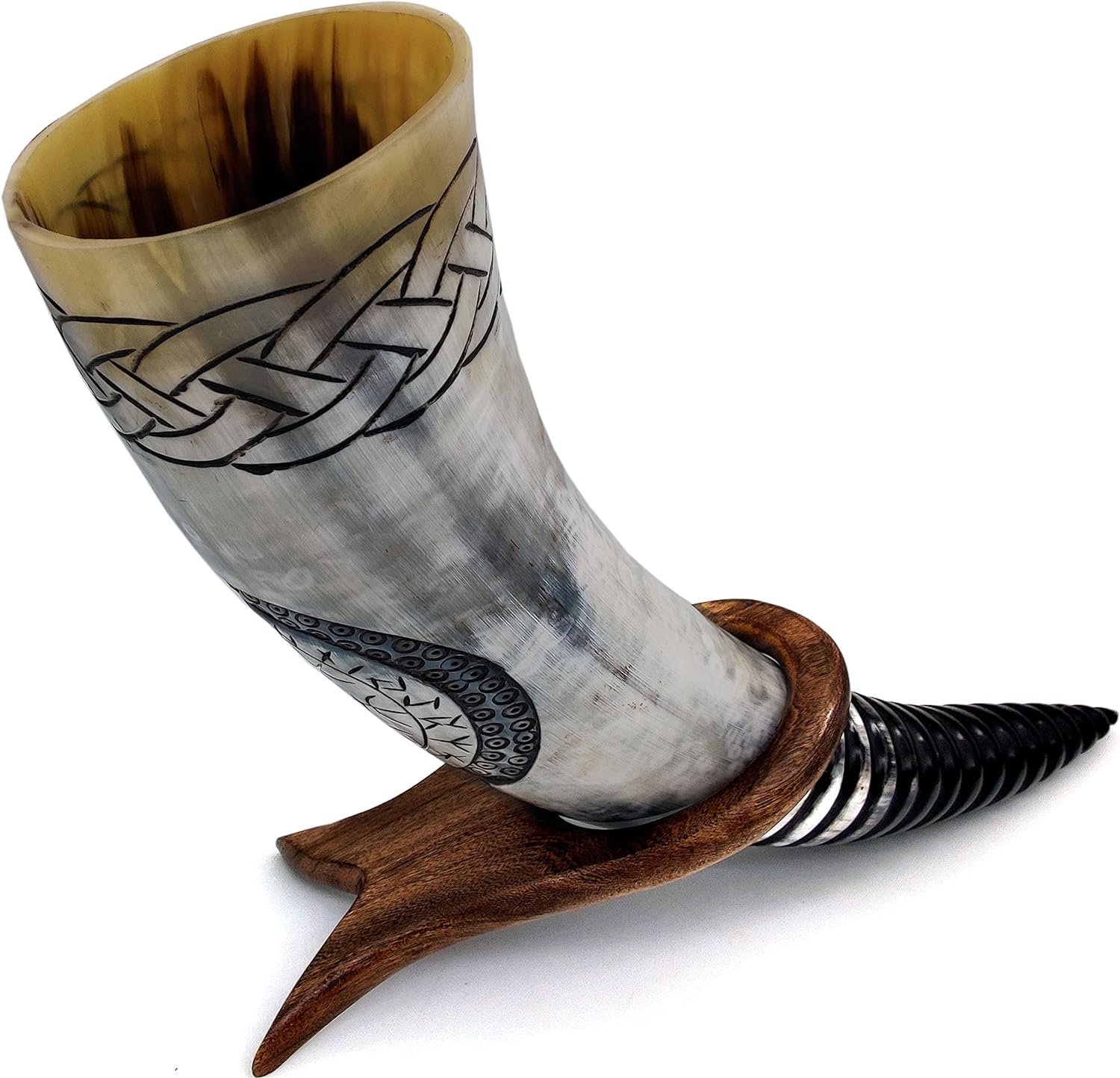 Viking Compass Inspired Hand Engraved Ox-Horn Drinking Horn – Authentic Handmade with Solid Wood Stand – Medieval Norse Style – 16-Inch