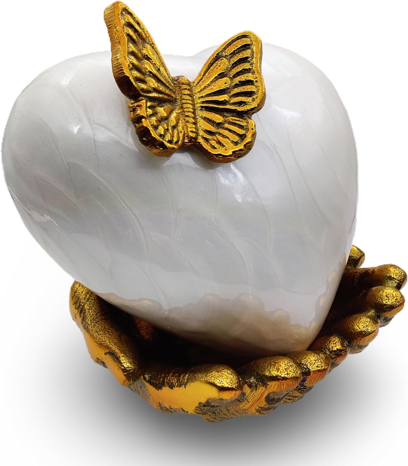 White & Gold Heart Keepsake Urn – Large Size with Hand-Shaped Stand – Hand Painted Butterfly Design