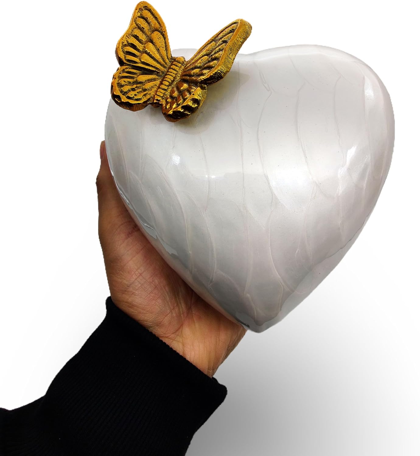 White & Gold Heart Keepsake Urn – Large Size with Hand-Shaped Stand – Hand Painted Butterfly Design