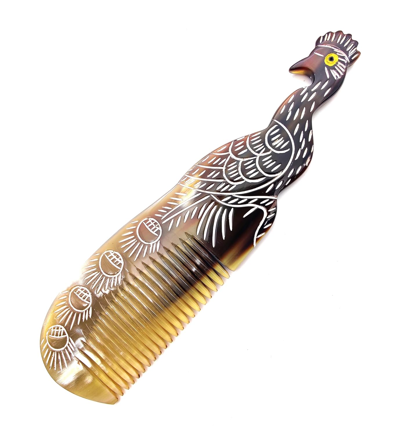 Ox Peacock Horn Comb – 100% Handmade Anti-Static Fine Tooth Pocket Comb with Handle, (7 inch)