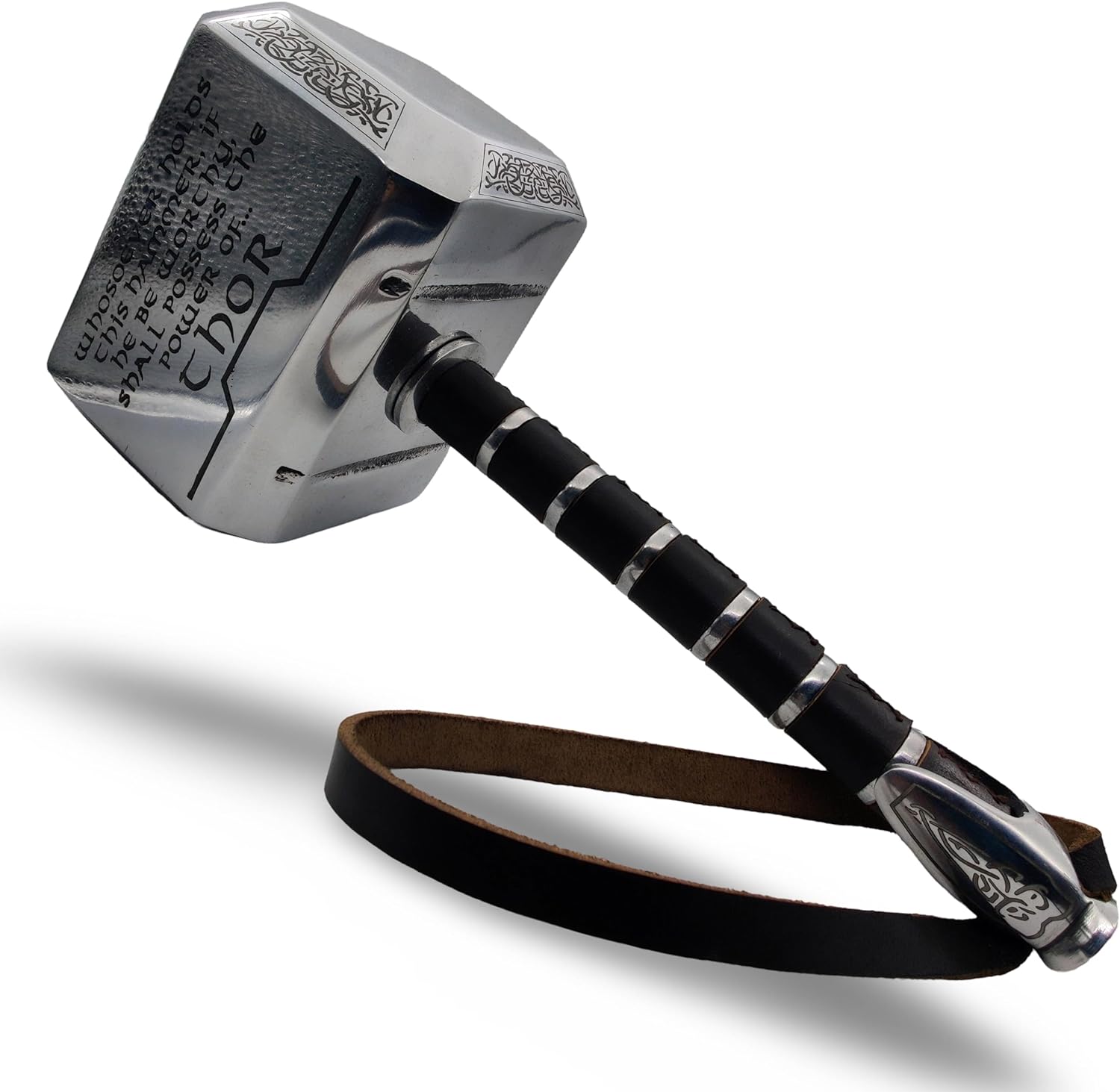 Thor’s Hammer Mjolnir with Odin Engraving – 15″ Metal Collectible, Leather Wrapped Handle & Display Stand