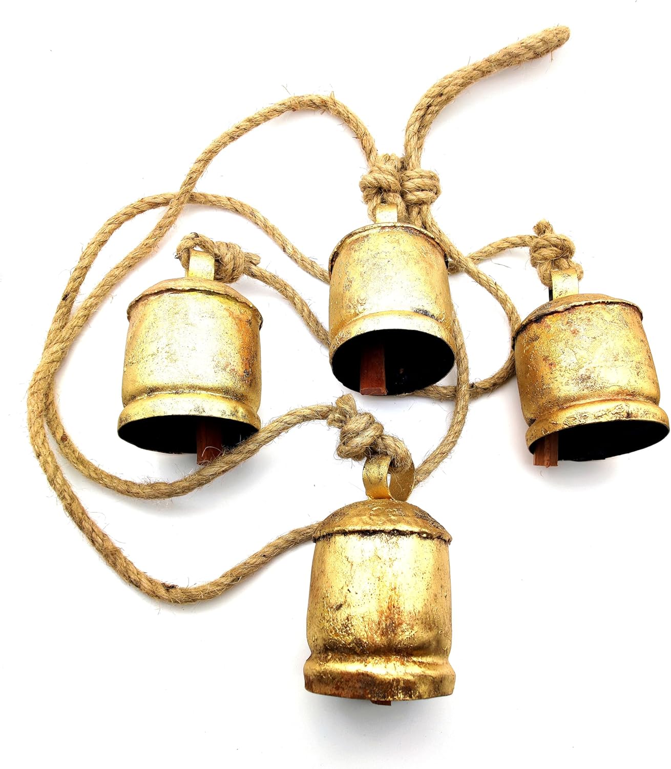 Vintage Hanging Decorative Cow Bells on Rope – Gold Bells for Bedroom, Living Room, Door Wall Hanging Cluster (Set of 4)