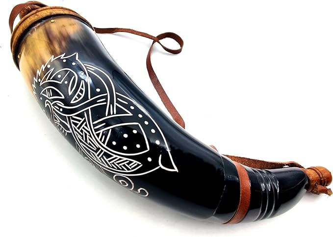 Hand Engraved Gun Powder Horn – 12 to 14 Inches Civil War Re-Enactment Dragon Design with Leather Strap