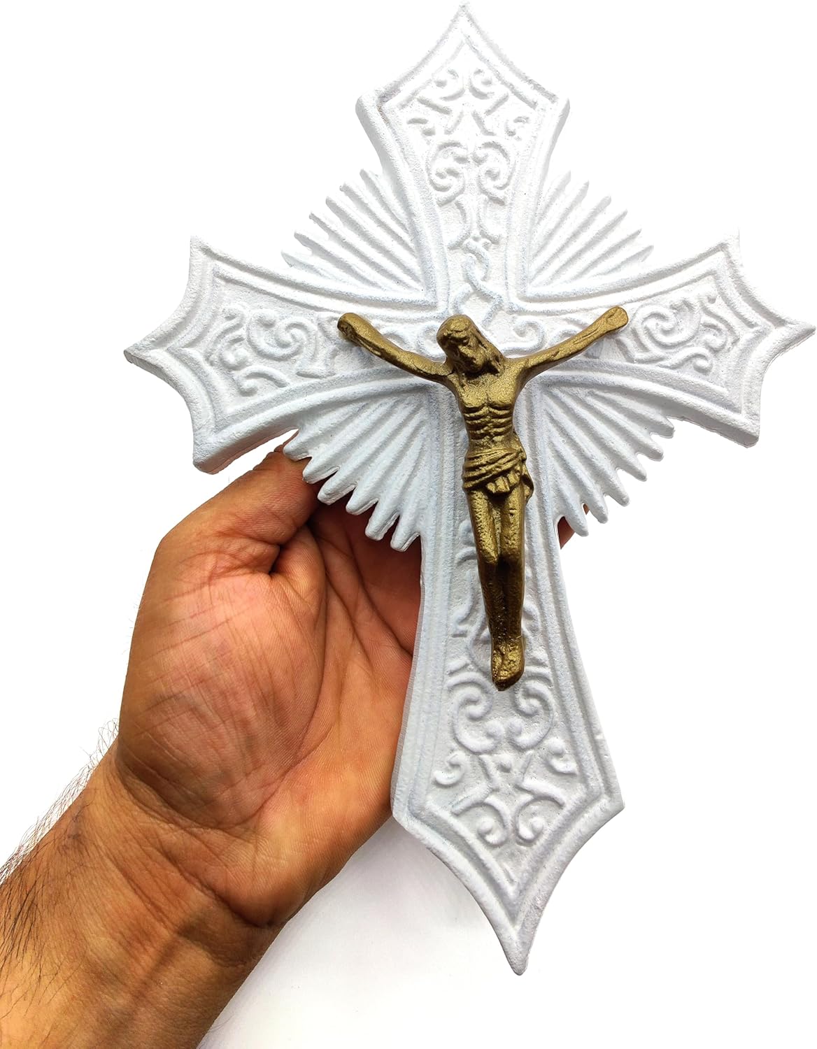 Large 10-Inch Metal White Crucifix Wall Cross – Indoor & Outdoor Catholic Religious Décor, Ideal Gift for Church