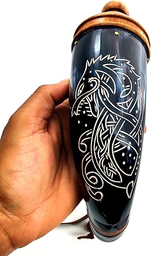 Hand Engraved Gun Powder Horn – 12 to 14 Inches Civil War Re-Enactment Dragon Design with Leather Strap