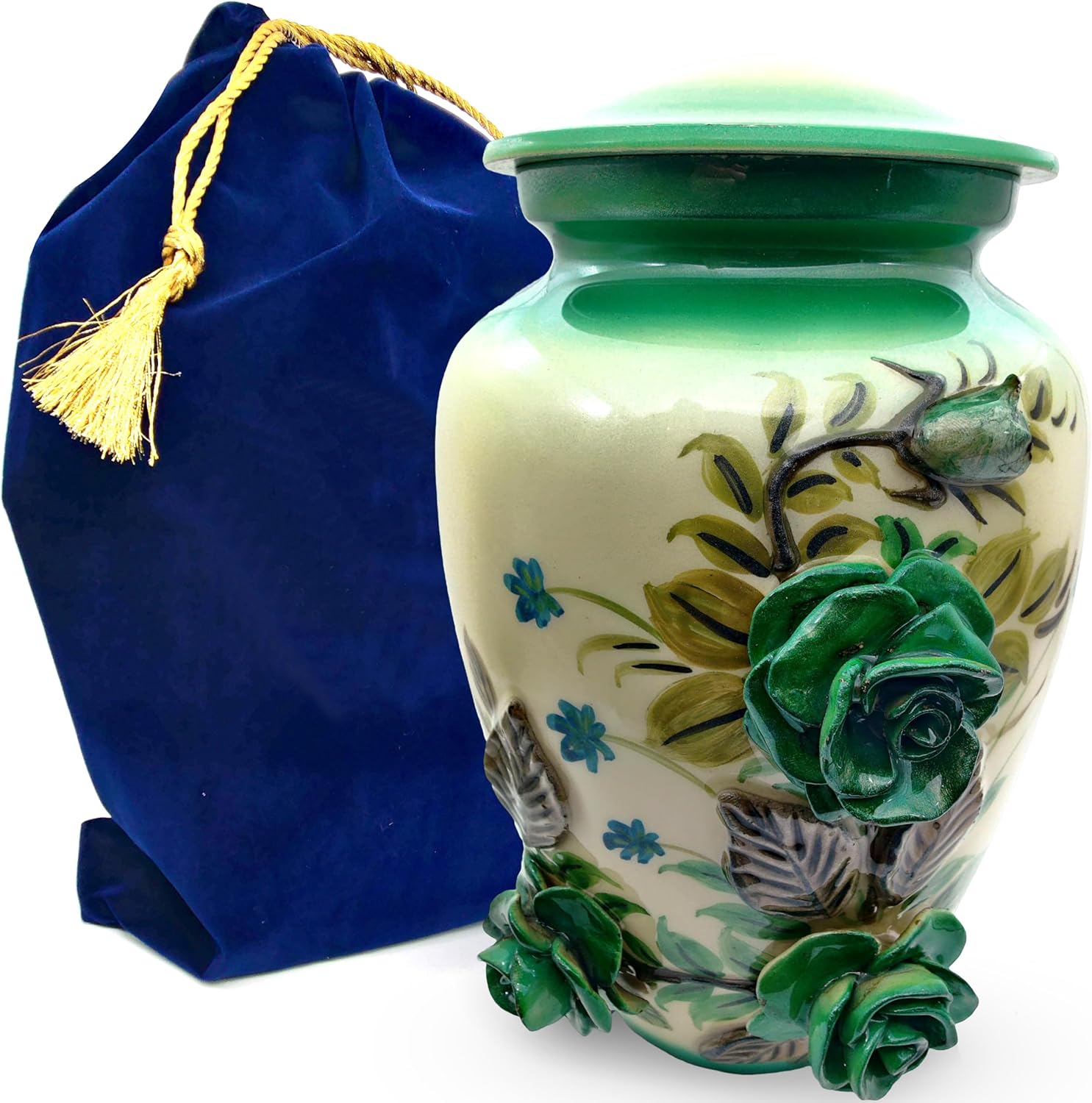 3D Flowers Memorial Urn – Hand-Crafted Full-Size Urn for Adult Cremation Ashes, Sea Green Color