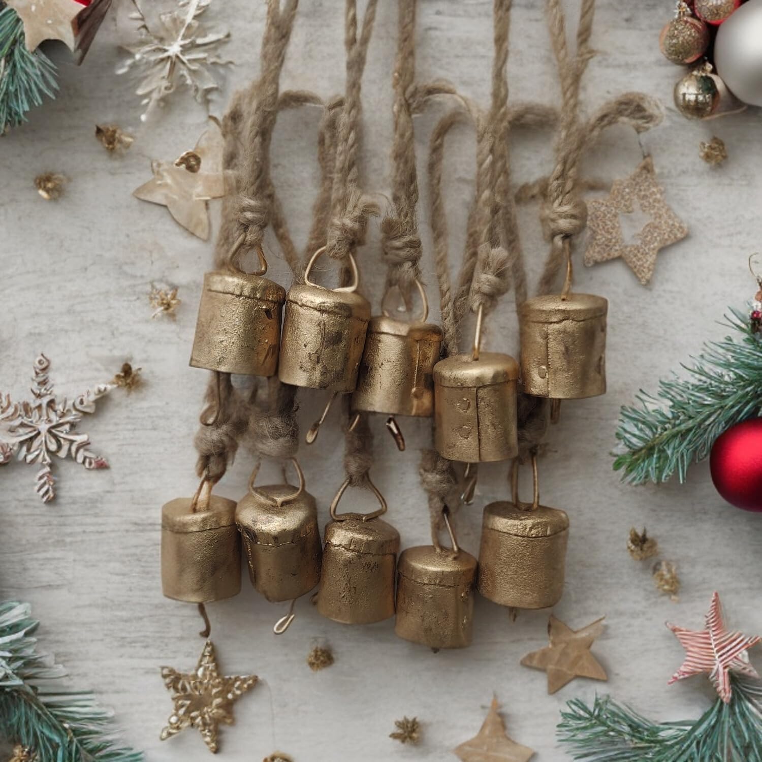 Vintage Rustic Tin Metal Cow Bells – 10 Cylinder Bells on Jute Rope for Christmas Décor, Farmhouse Decoration