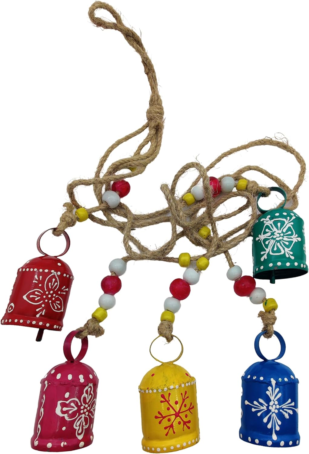 Handmade Rustic Harmony Cow Bells – Multicolor Hanging Décor Bells on Rope, Lucky Christmas Hanging Décor ( Set of 5 )