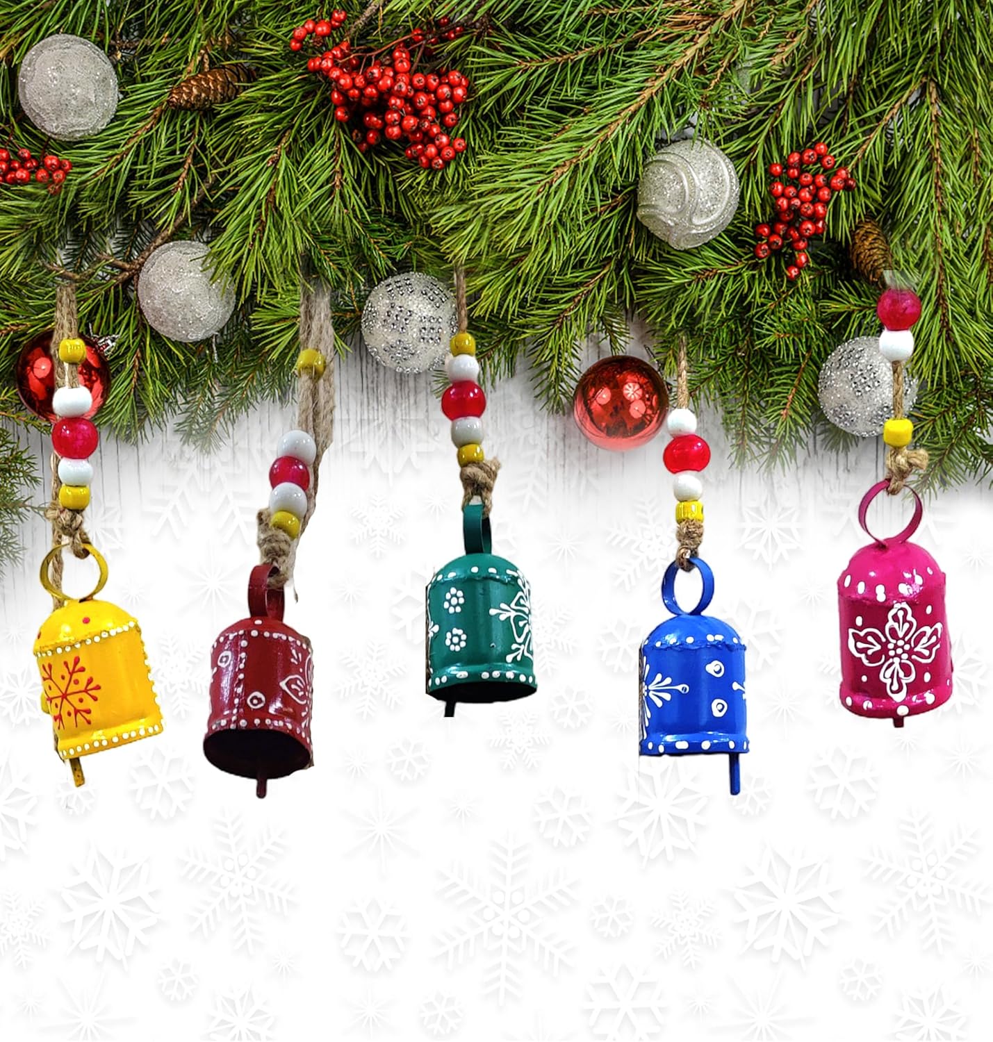 Handmade Rustic Harmony Cow Bells – Multicolor Hanging Décor Bells on Rope, Lucky Christmas Hanging Décor ( Set of 5 )