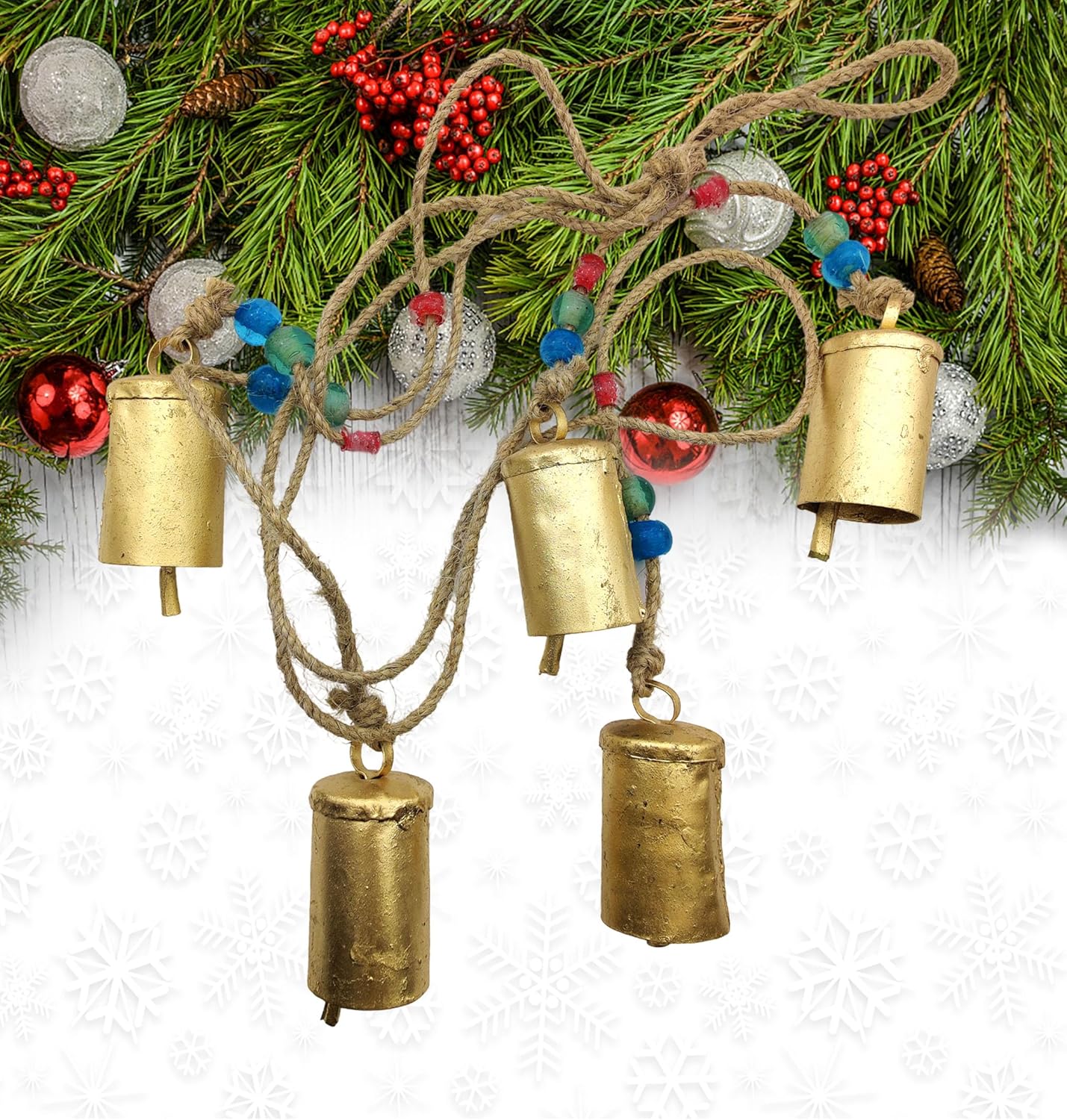 Rustic Style 5 Bells Cluster – Handmade Metal Harmony Christmas Hanging Cow Bells on Jute Rope