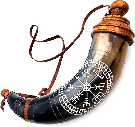 Gun Powder Horn with Viking Compass Engraving – 12 to 14 Inches, Leather Strap for Civil War Re-Enactment