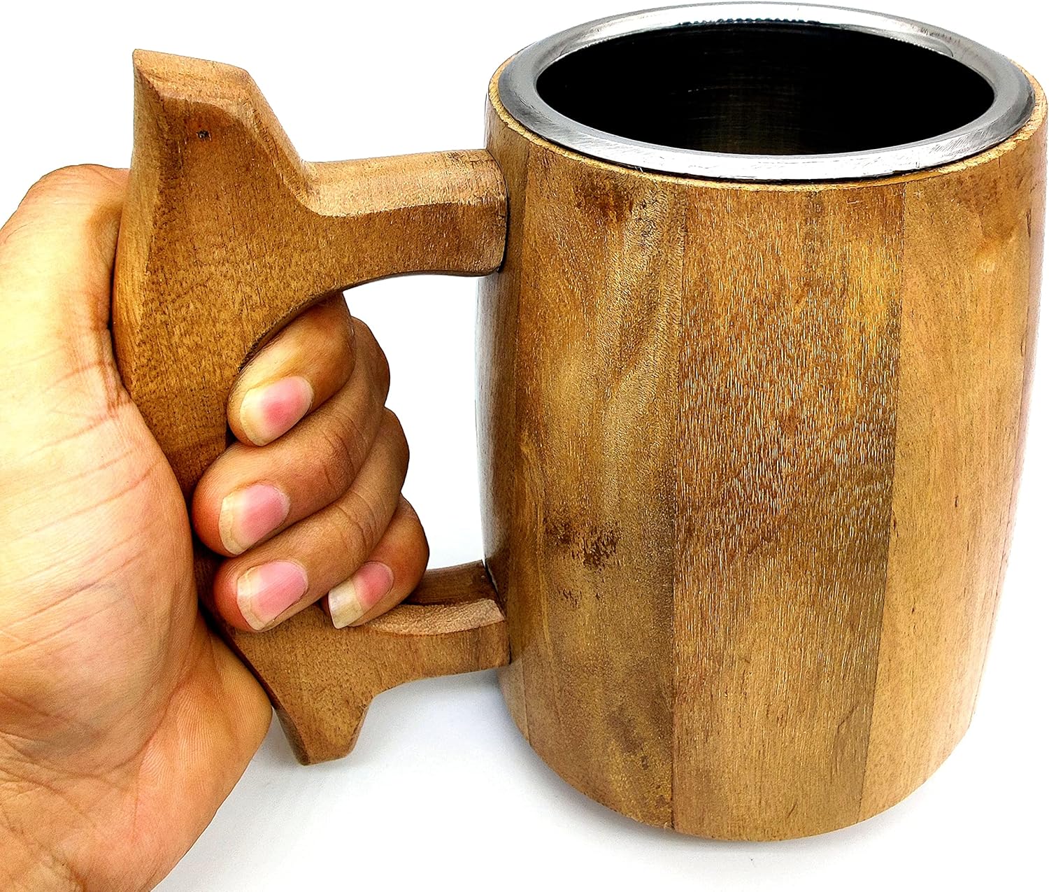 Handmade Wooden Beer Mug – 16 Oz D&D Tankard with Stainless Steel Interior, Eco-Friendly Vintage Barrel Design