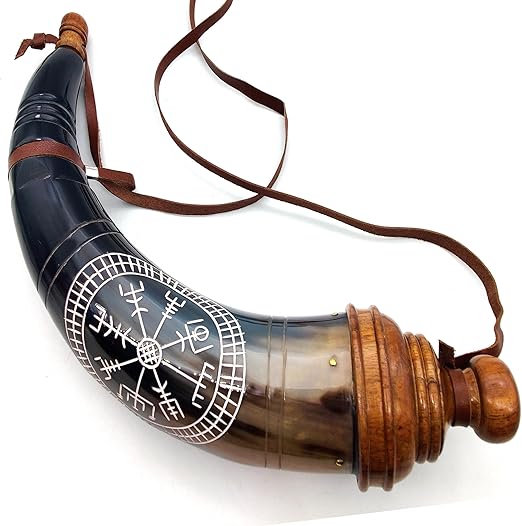 Gun Powder Horn with Viking Compass Engraving – 12 to 14 Inches, Leather Strap for Civil War Re-Enactment