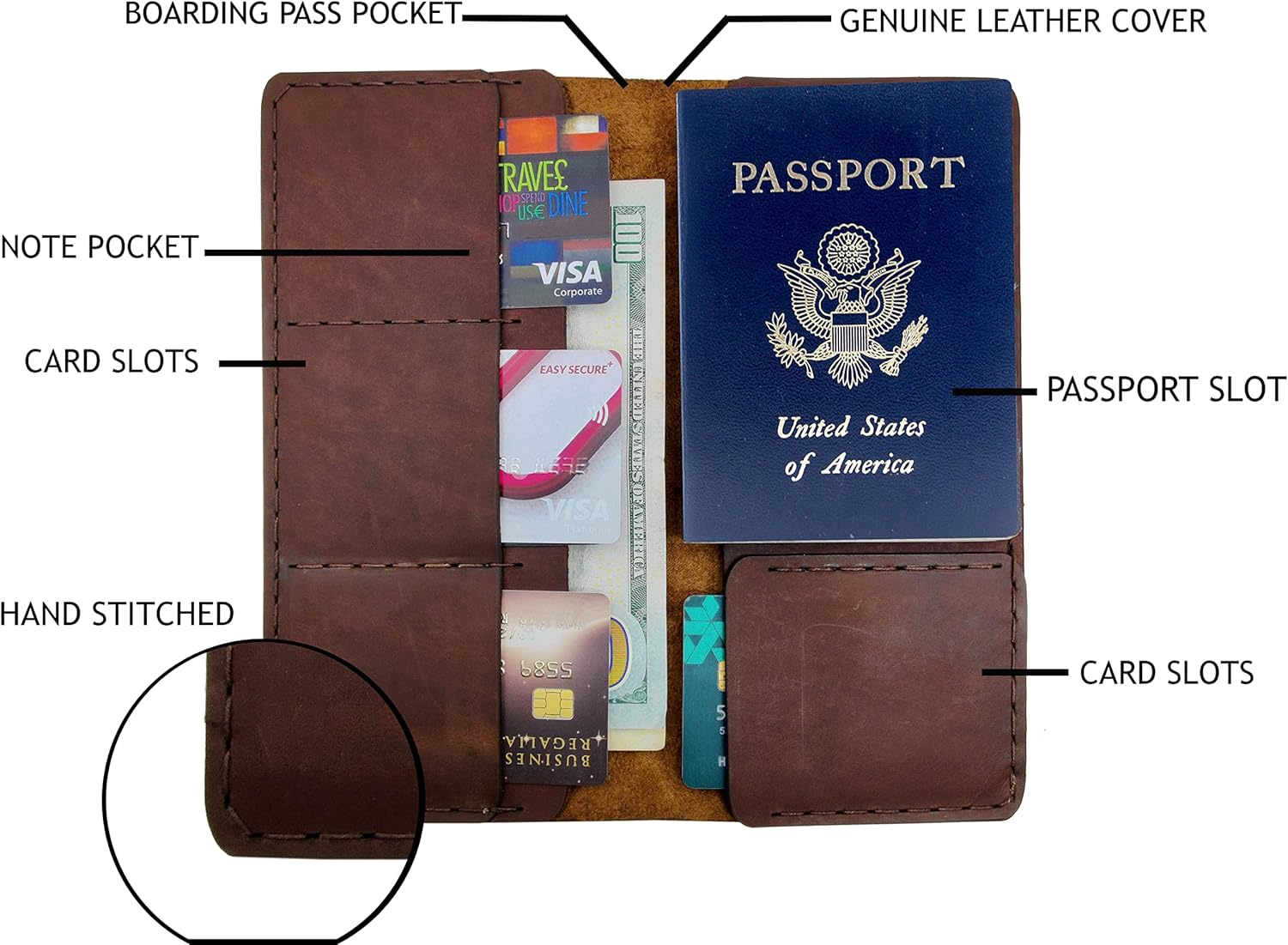 Full Grain Leather Passport Holder & Travel Wallet – 8.5″ Brown Cover, Holds Field Notes & Credit Cards