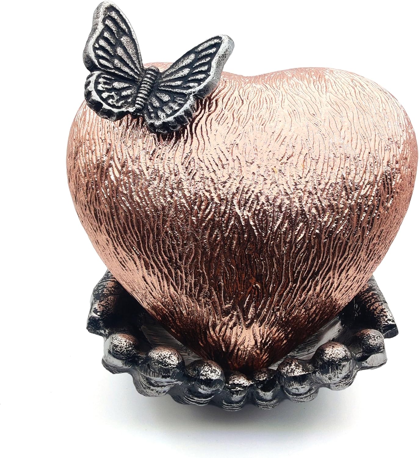 Copper Finish Heart Keepsake Urn – Large Heart Cremation Urn with Hand-Shaped Stand and Butterfly Design