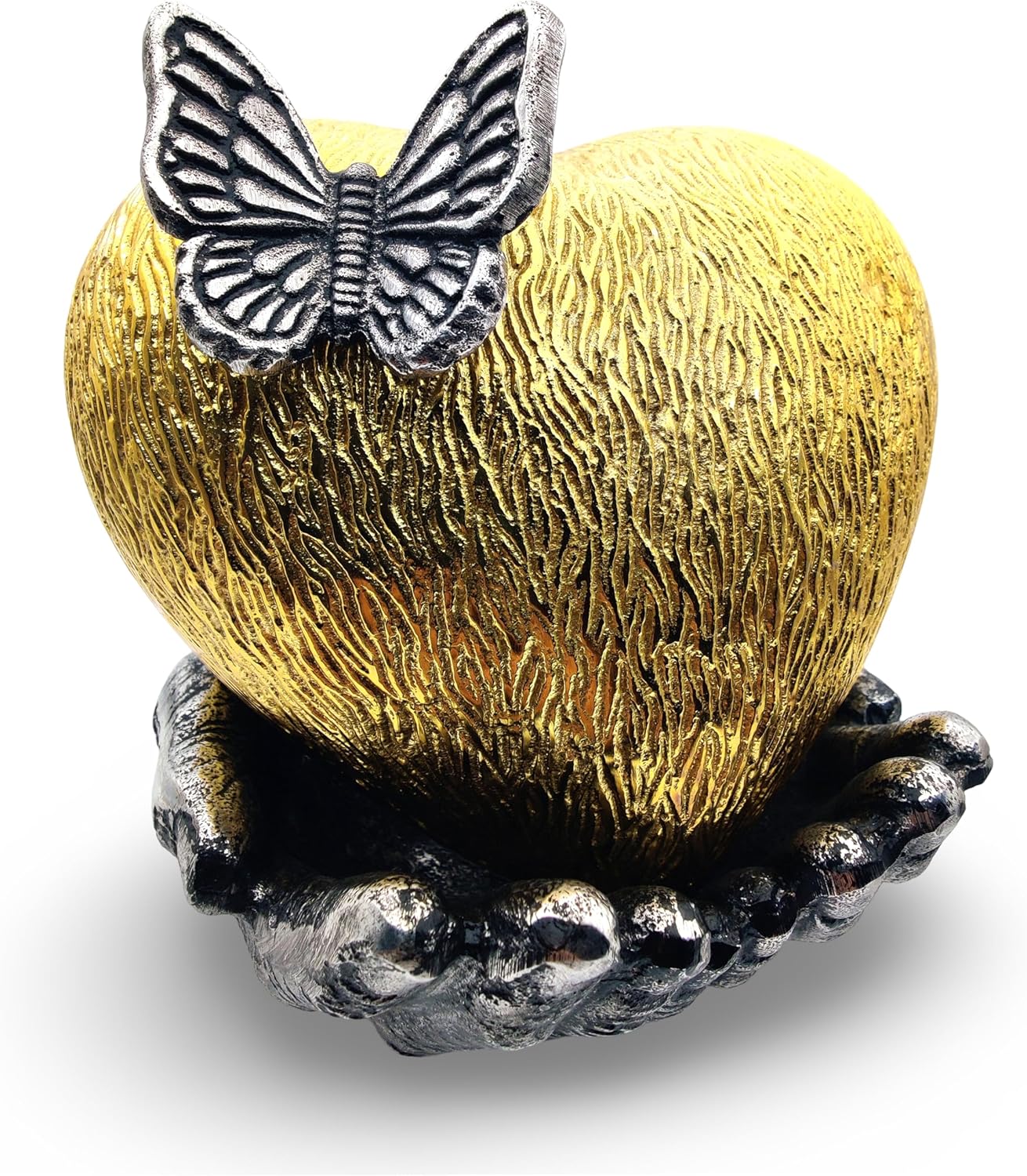 Gold Finish Heart Keepsake Urn – Large Heart Cremation Urn with Hand-Shaped Stand and Butterfly Design