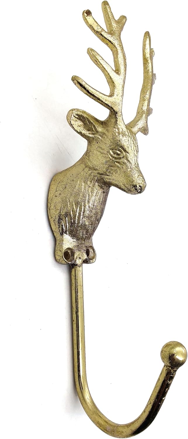 Vintage Deer Head Coat Hook – Heavy Duty Antique Brass Wall Mounted Animal Hanger, Polish Finish.